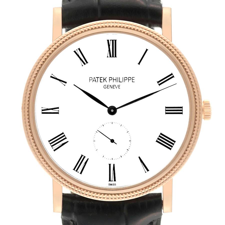 This image shows a front view of the Patek Philippe Calatrava watch, highlighting its face, Roman numerals, hands, and bezel.