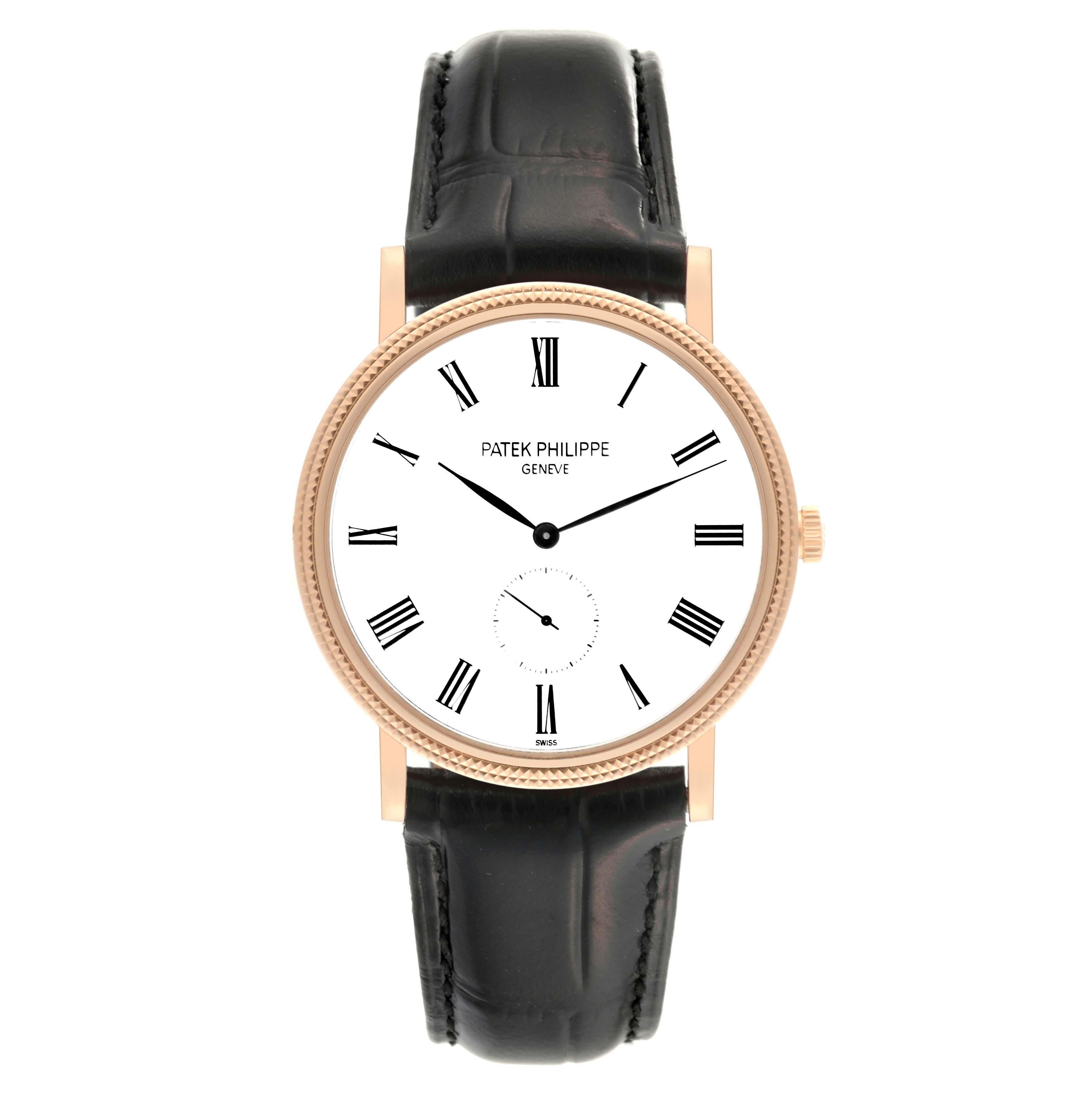 The image shows a front view of a Patek Philippe Calatrava 5119R Men's Rose Gold White Dial 5119R Men's Rose Gold White Dial watch with a white dial, Roman numerals, and a black leather strap.