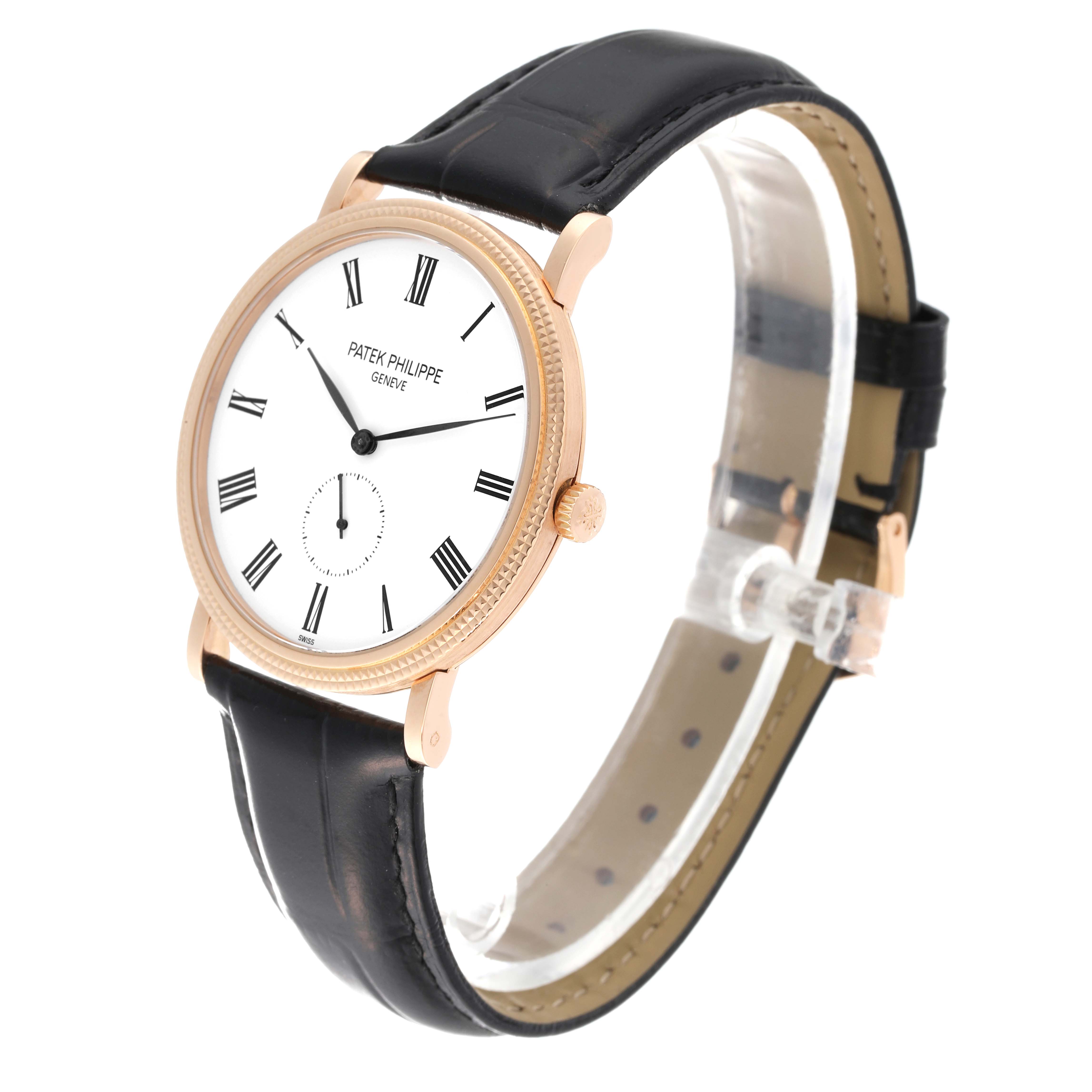 The image shows a side and front angle of a Patek Philippe Calatrava 5119R Men's Rose Gold White Dial 5119R Men's Rose Gold White Dial watch, featuring a leather strap and Roman numeral dial.