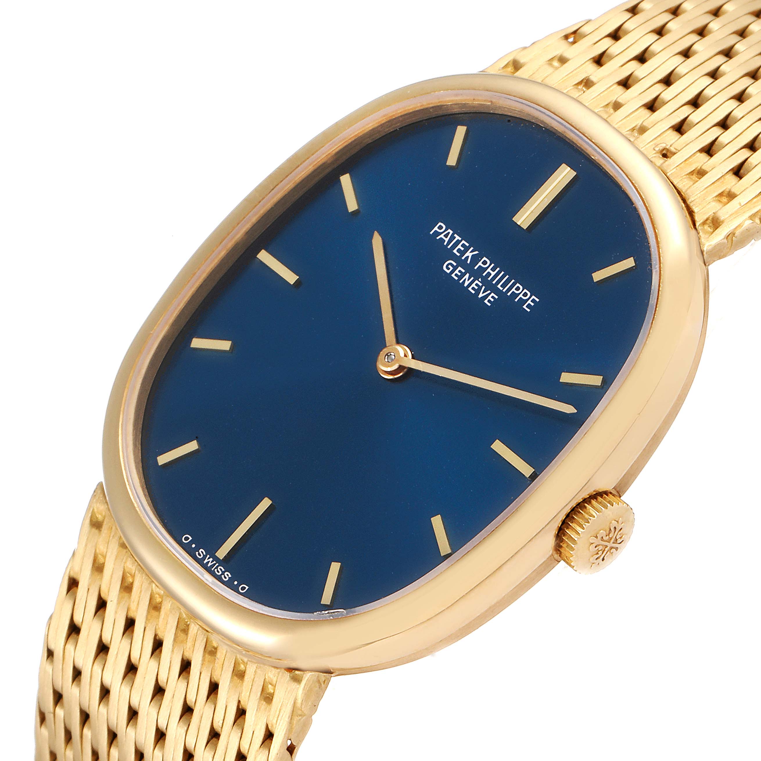 The image shows a close-up angle of the Patek Philippe Golden Ellipse 3548 Women
s Yellow Gold Blue Dial 3548 Women
s Yellow Gold Blue Dial watch, highlighting its blue dial, gold case, and gold mesh strap.