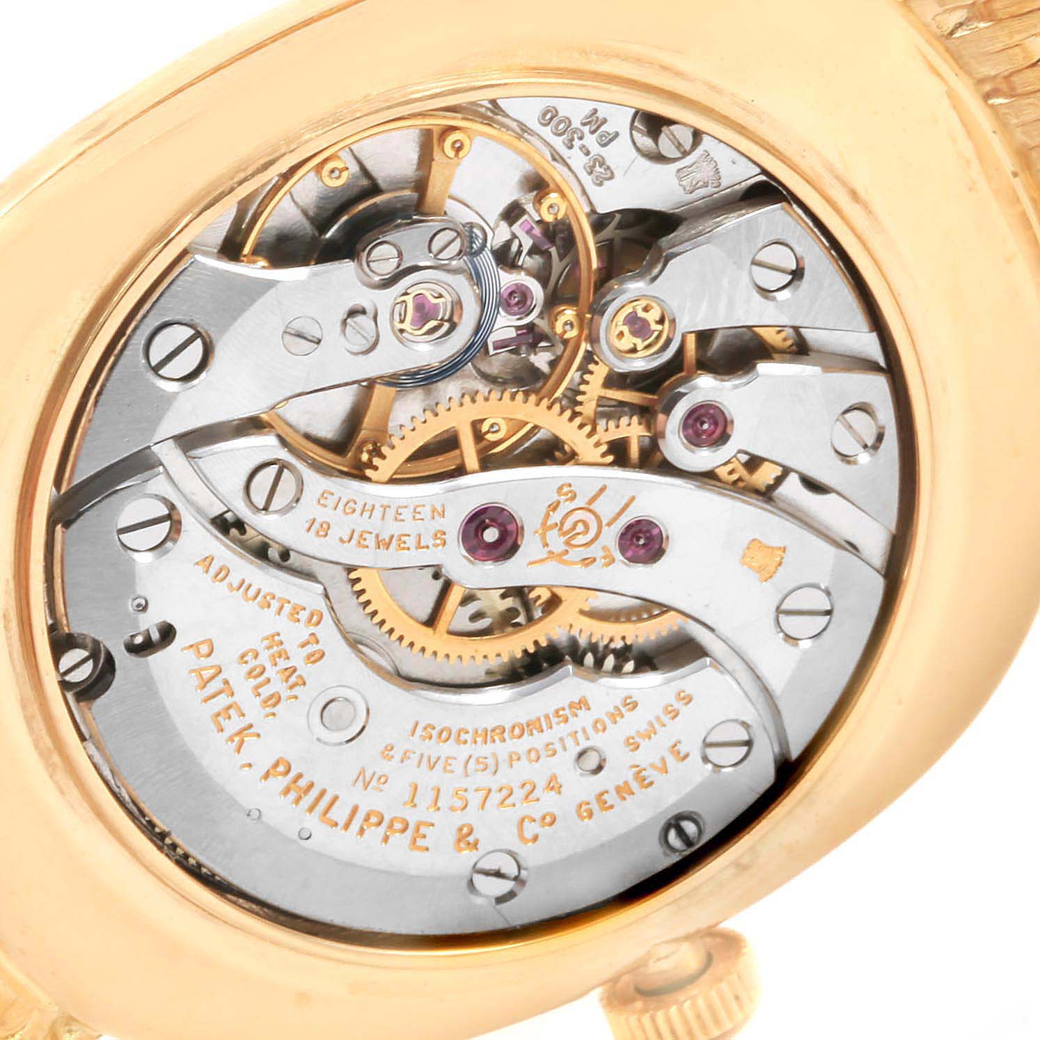 The image shows the movement mechanism of the Patek Philippe Golden Ellipse 3548 Women
s Yellow Gold Blue Dial 3548 Women
s Yellow Gold Blue Dial model from a close-up, rear angle.