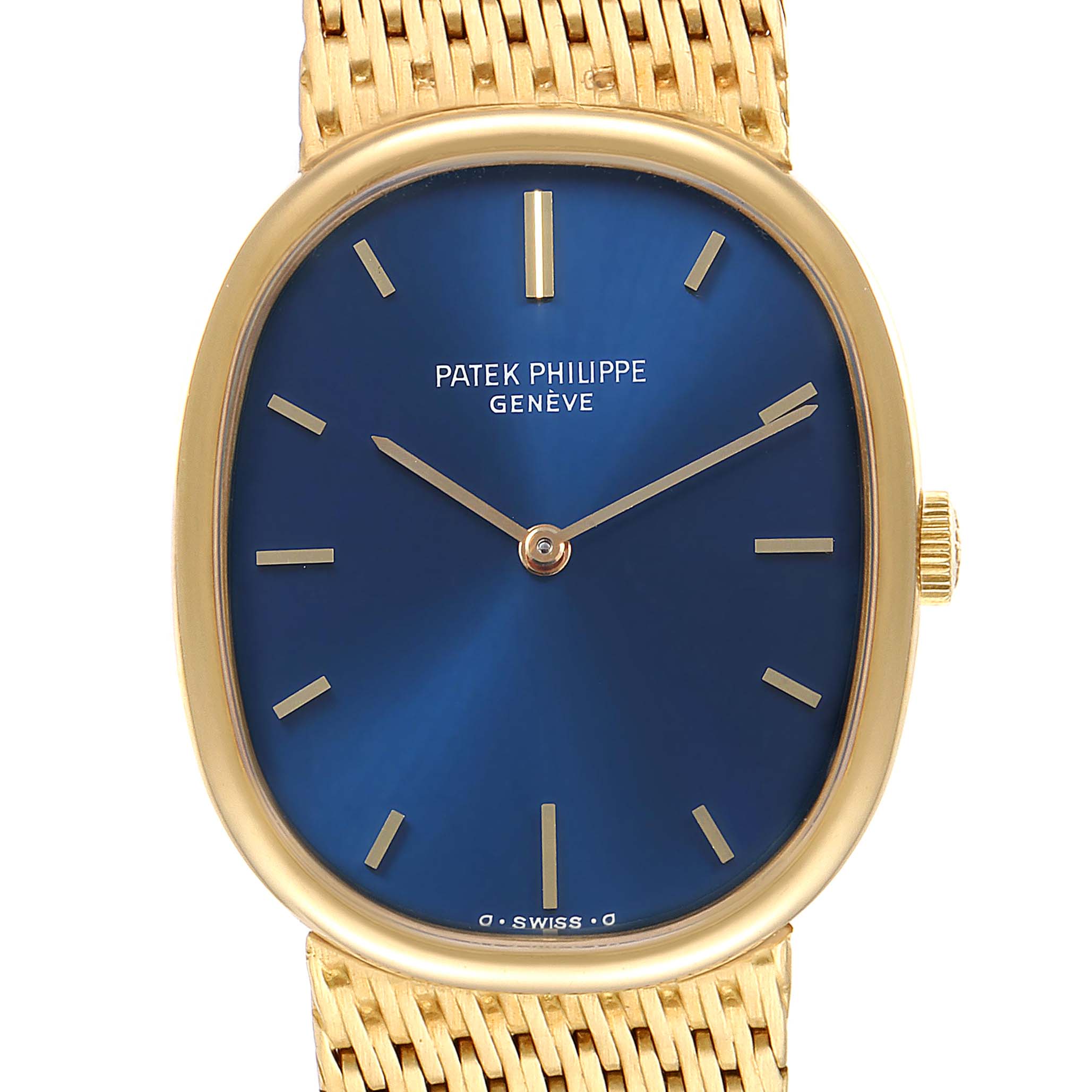 The image shows a front view of a Patek Philippe Golden Ellipse 3548 Women
s Yellow Gold Blue Dial 3548 Women
s Yellow Gold Blue Dial watch with a gold bracelet and a blue dial.