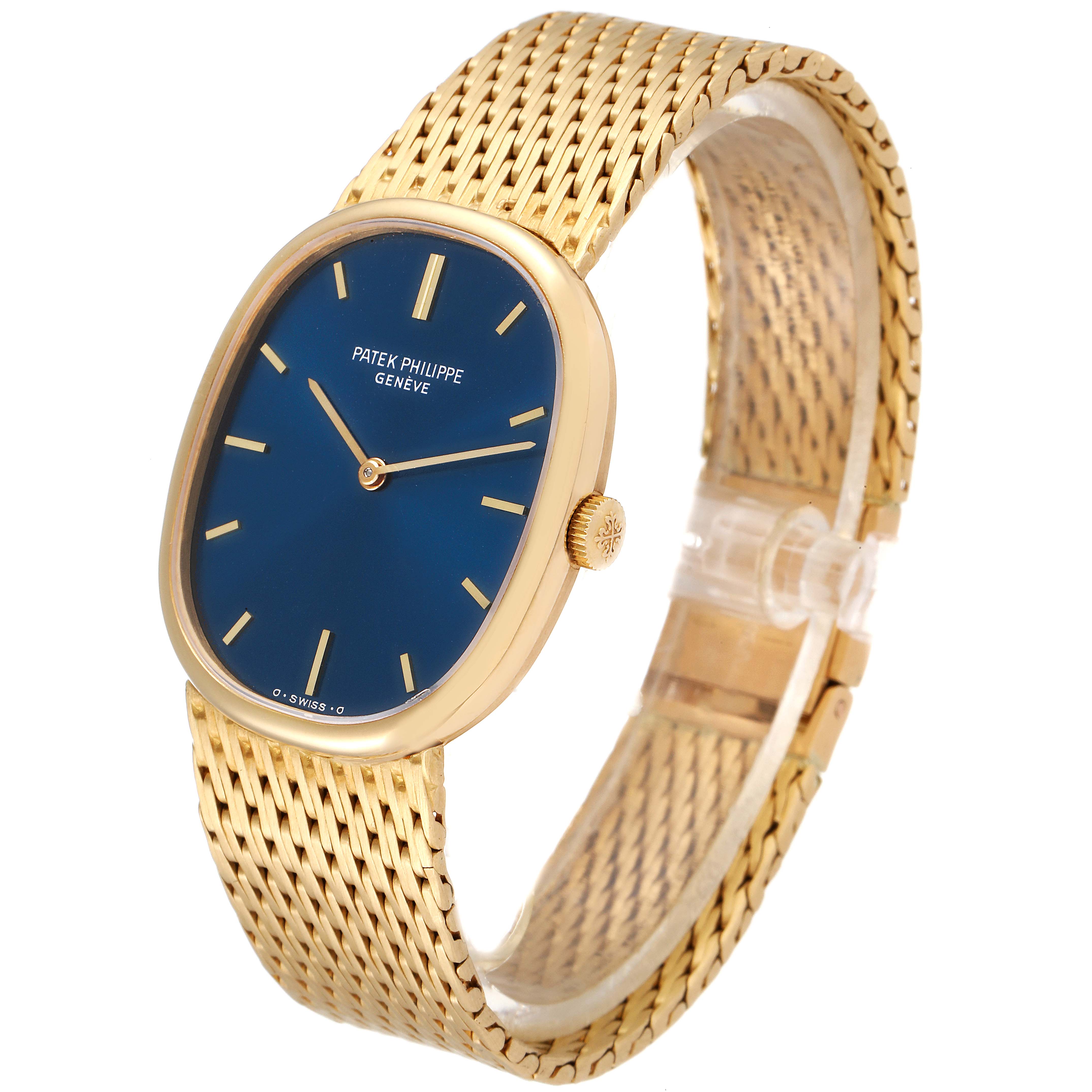 The image shows a Patek Philippe Golden Ellipse 3548 Women
s Yellow Gold Blue Dial 3548 Women
s Yellow Gold Blue Dial watch with a blue dial and gold mesh strap at a three-quarter angle.