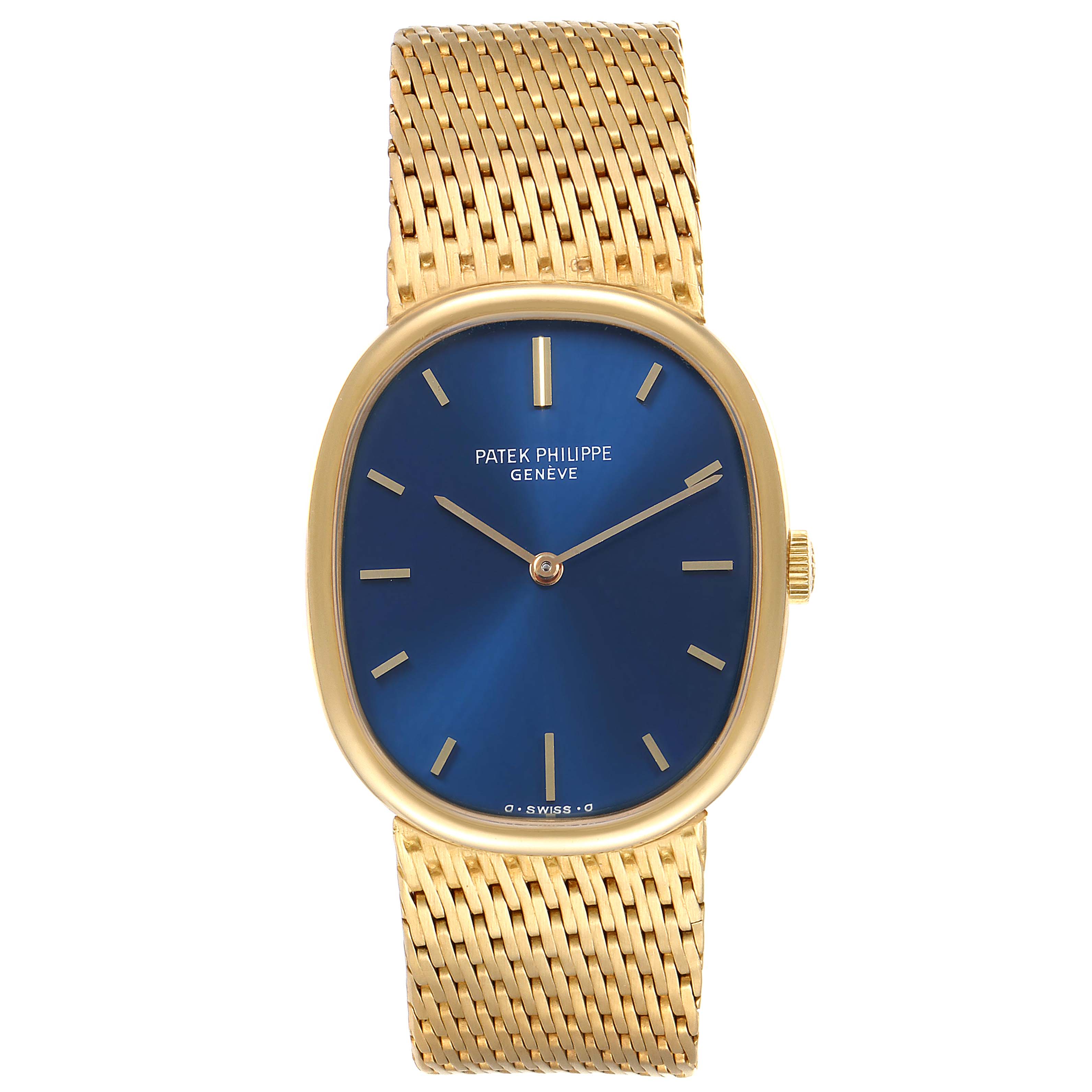 The image shows a frontal view of the Patek Philippe Golden Ellipse 3548 Women
s Yellow Gold Blue Dial 3548 Women
s Yellow Gold Blue Dial watch, highlighting the blue dial and gold bracelet.