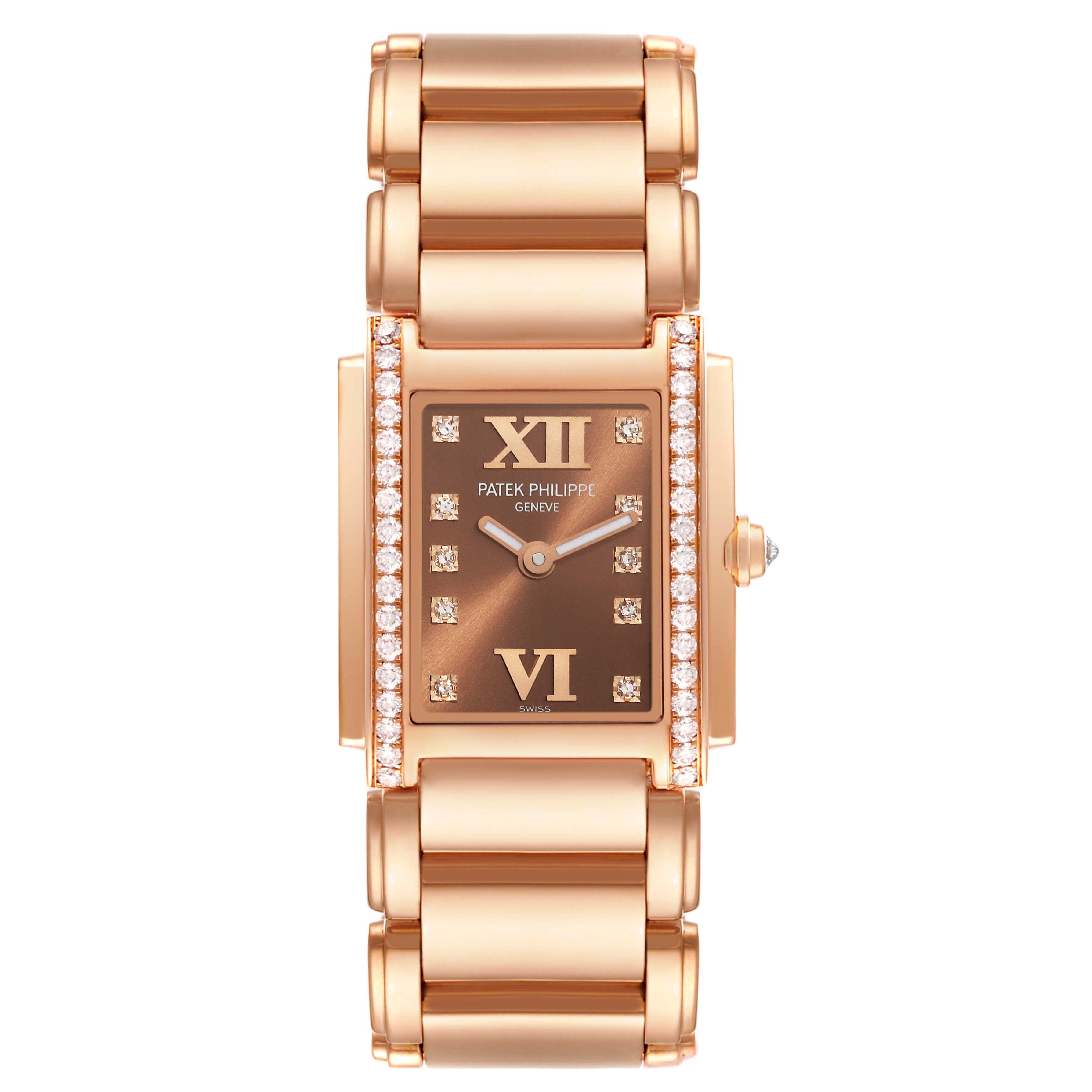 The image shows a front view of the Patek Philippe Twenty-4 4908/11R-010 Women's Rose Gold Brown Dial 4908/11R-010 Women's Rose Gold Brown Dial watch, highlighting its face and bracelet.