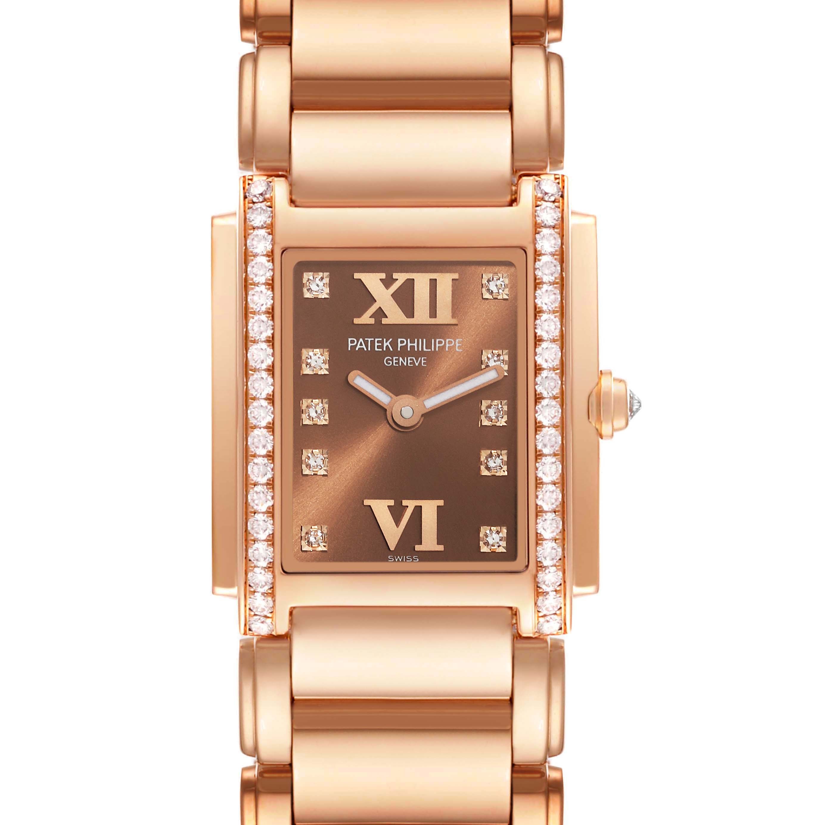 This image shows a close-up, front view of the Patek Philippe Twenty-4 4908/11R-010 Women's Rose Gold Brown Dial 4908/11R-010 Women's Rose Gold Brown Dial watch, highlighting its face and bracelet.
