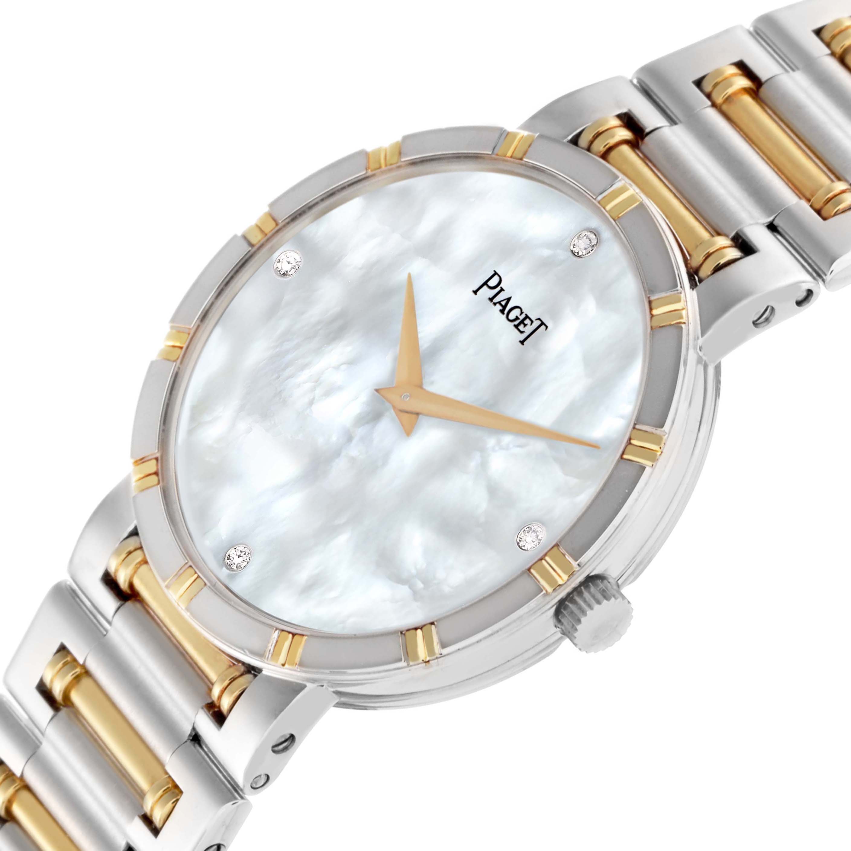 The Piaget 94023K81 Women
s Steel and Gold (two tone) Mother of Pearl Dial Dancer Midsize Steel Yellow Gold MOP Diamond Watch 94023 is shown angled from the front, highlighting its face and bracelet.