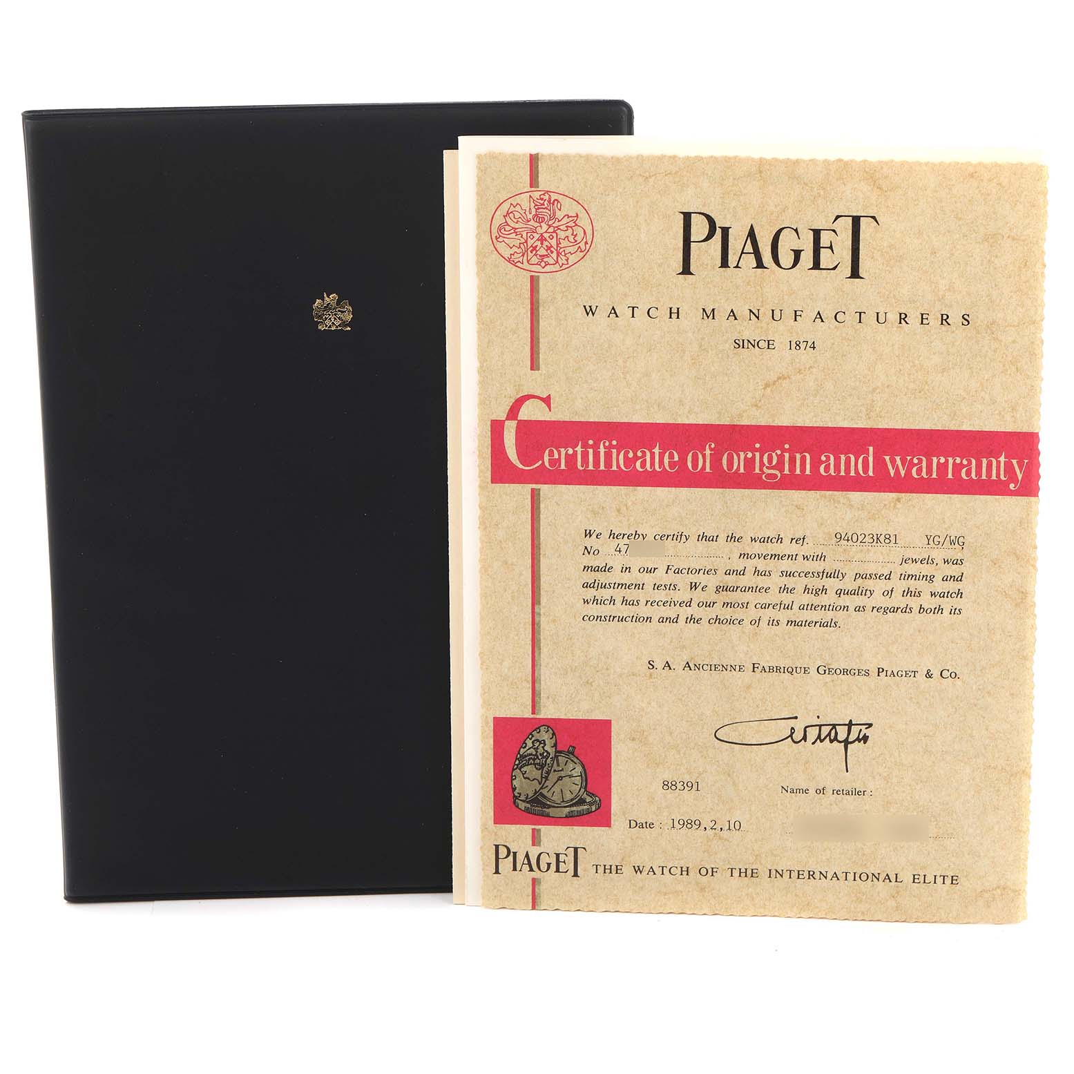 The image shows the certificate of origin and warranty for the Piaget 94023K81 Women
s Steel and Gold (two tone) Mother of Pearl Dial 94023K81 Women
s Steel and Gold (two tone) Mother of Pearl Dial Dancer Midsize model, with a black cover in the background.