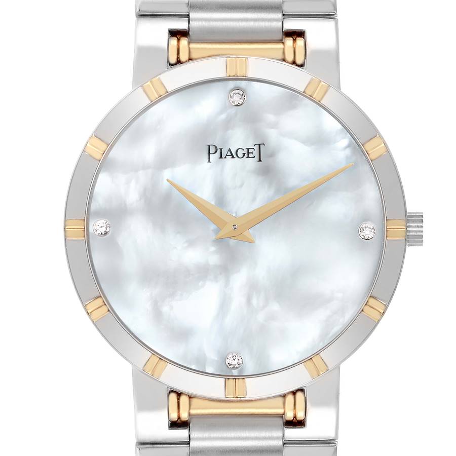 The Piaget Dancer Midsize watch is shown from the front, highlighting the MOP dial, diamond markers, and steel-yellow gold band.