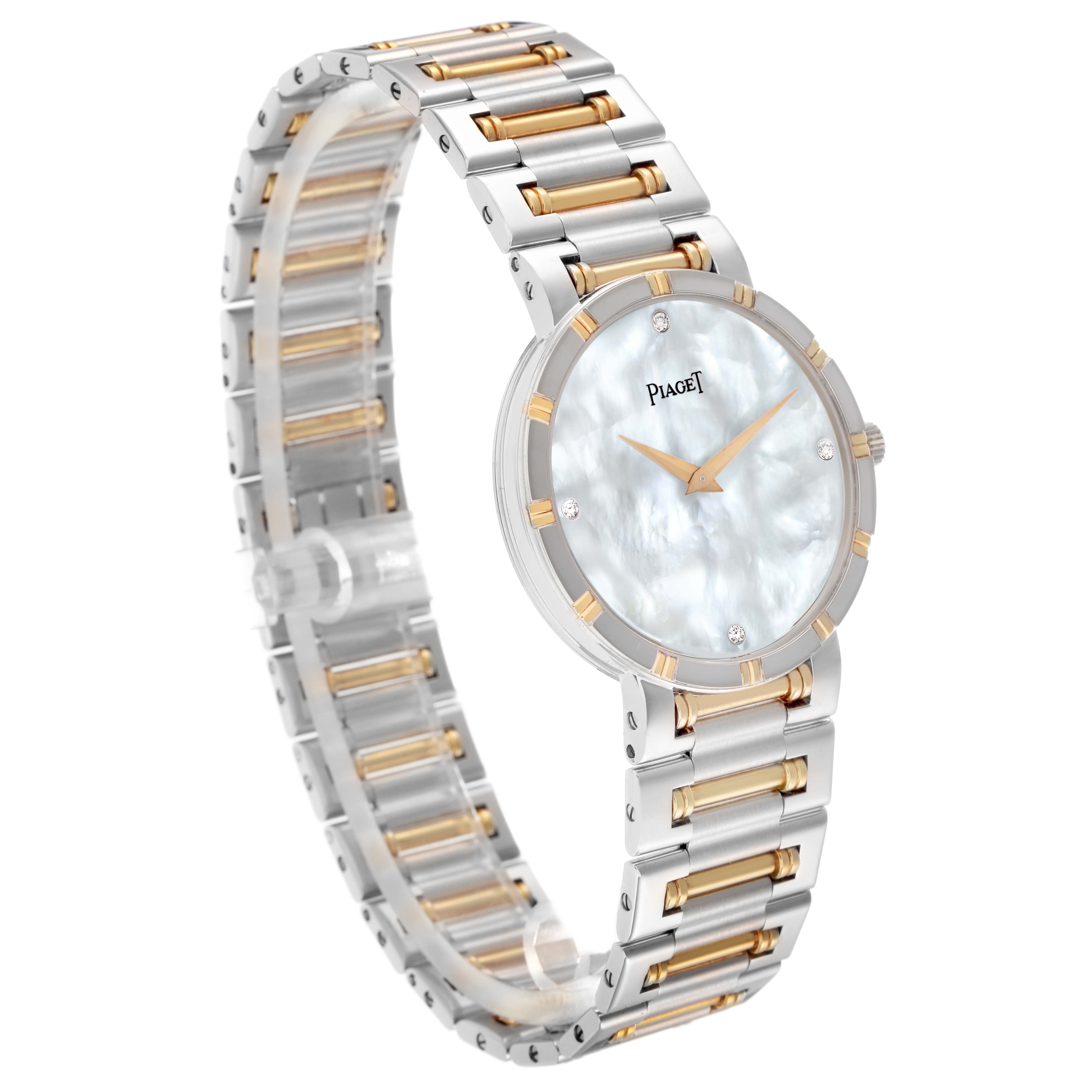 The Piaget 94023K81 Women
s Steel and Gold (two tone) Mother of Pearl Dial Dancer Midsize watch is angled slightly from above, showing the dial, bracelet, and crown.