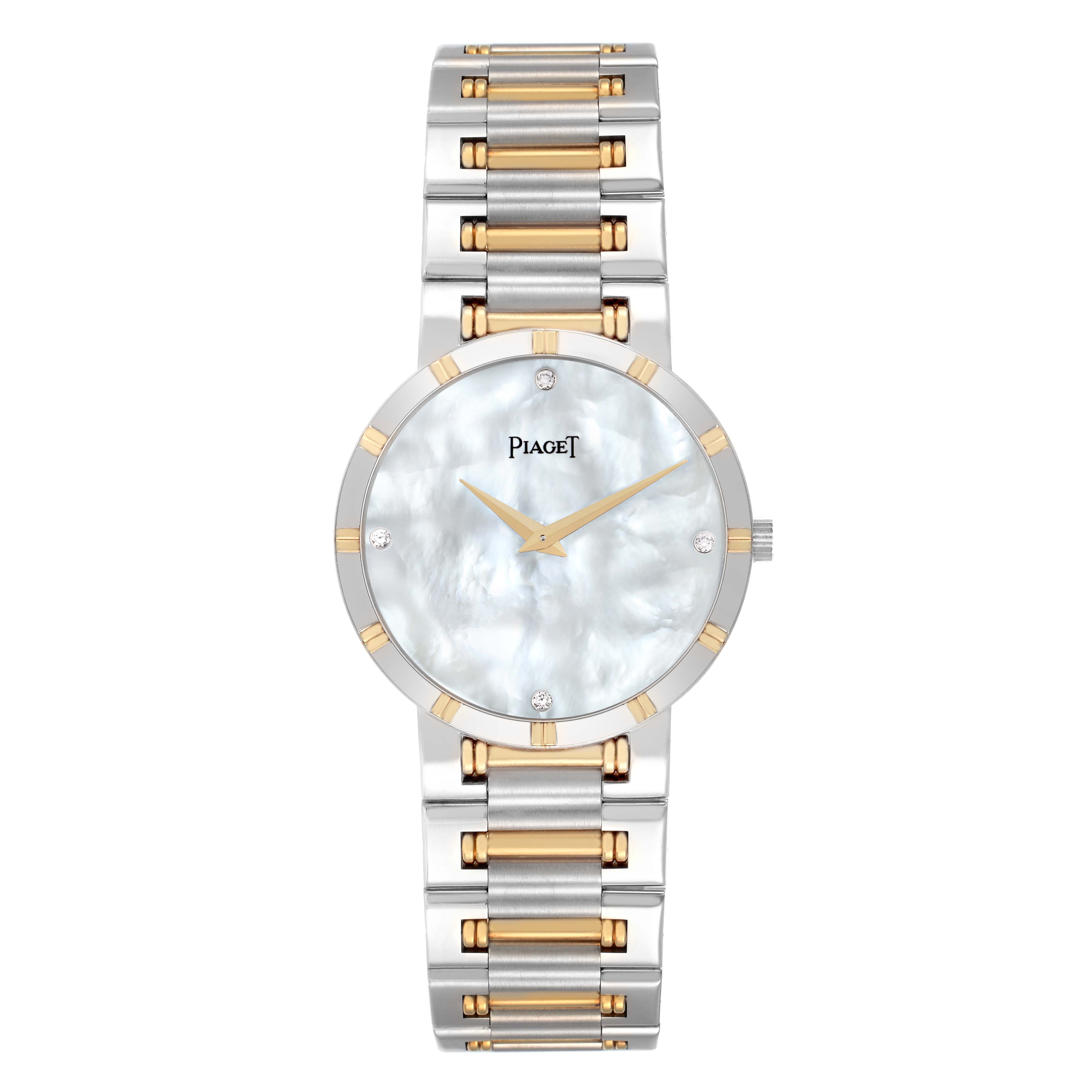 The Piaget 94023K81 Women
s Steel and Gold (two tone) Mother of Pearl Dial Dancer Midsize watch is shown from a top-down angle, highlighting its two-tone bracelet and diamond-accented dial.