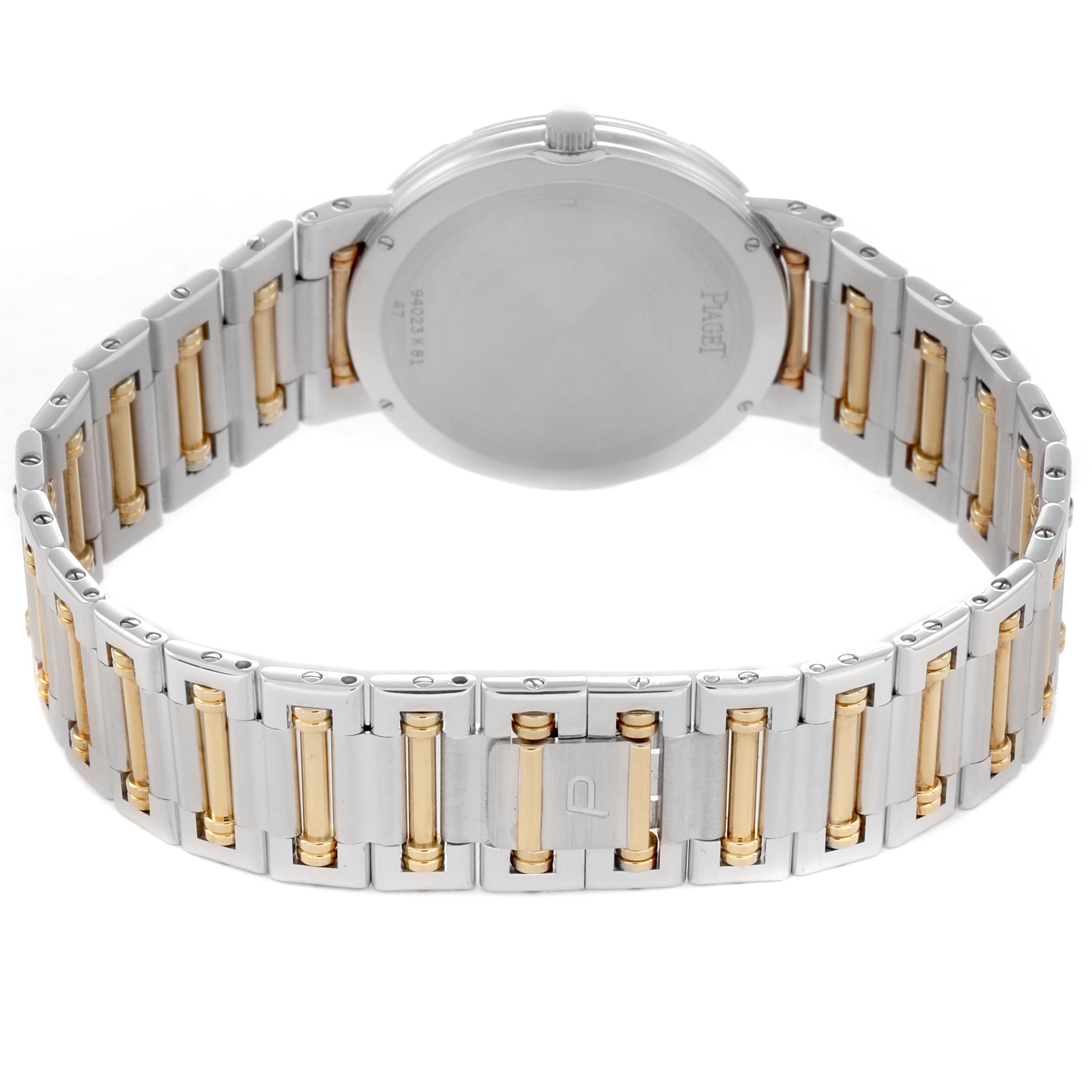 The image shows the back and bracelet of the Piaget 94023K81 Women
s Steel and Gold (two tone) Mother of Pearl Dial 94023K81 Women
s Steel and Gold (two tone) Mother of Pearl Dial Dancer Midsize Steel Yellow Gold MOP Diamond Ladies Watch, model 94023.