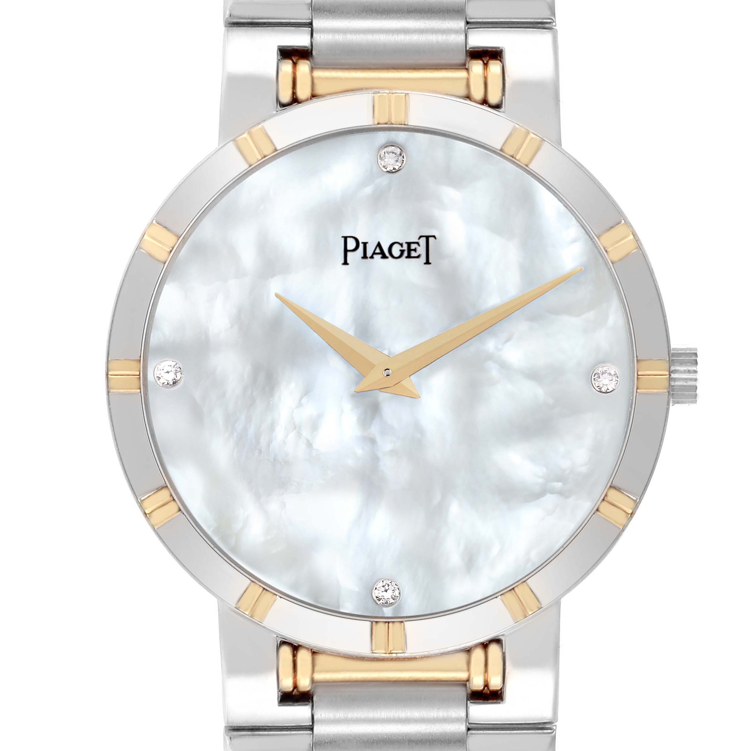 The watch is shown from a straight-on angle, highlighting its mother-of-pearl dial, gold hour markers, and diamonds.