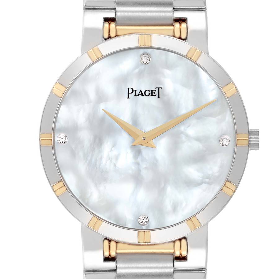 The watch is shown from a straight-on angle, highlighting its mother-of-pearl dial, gold hour markers, and diamonds.