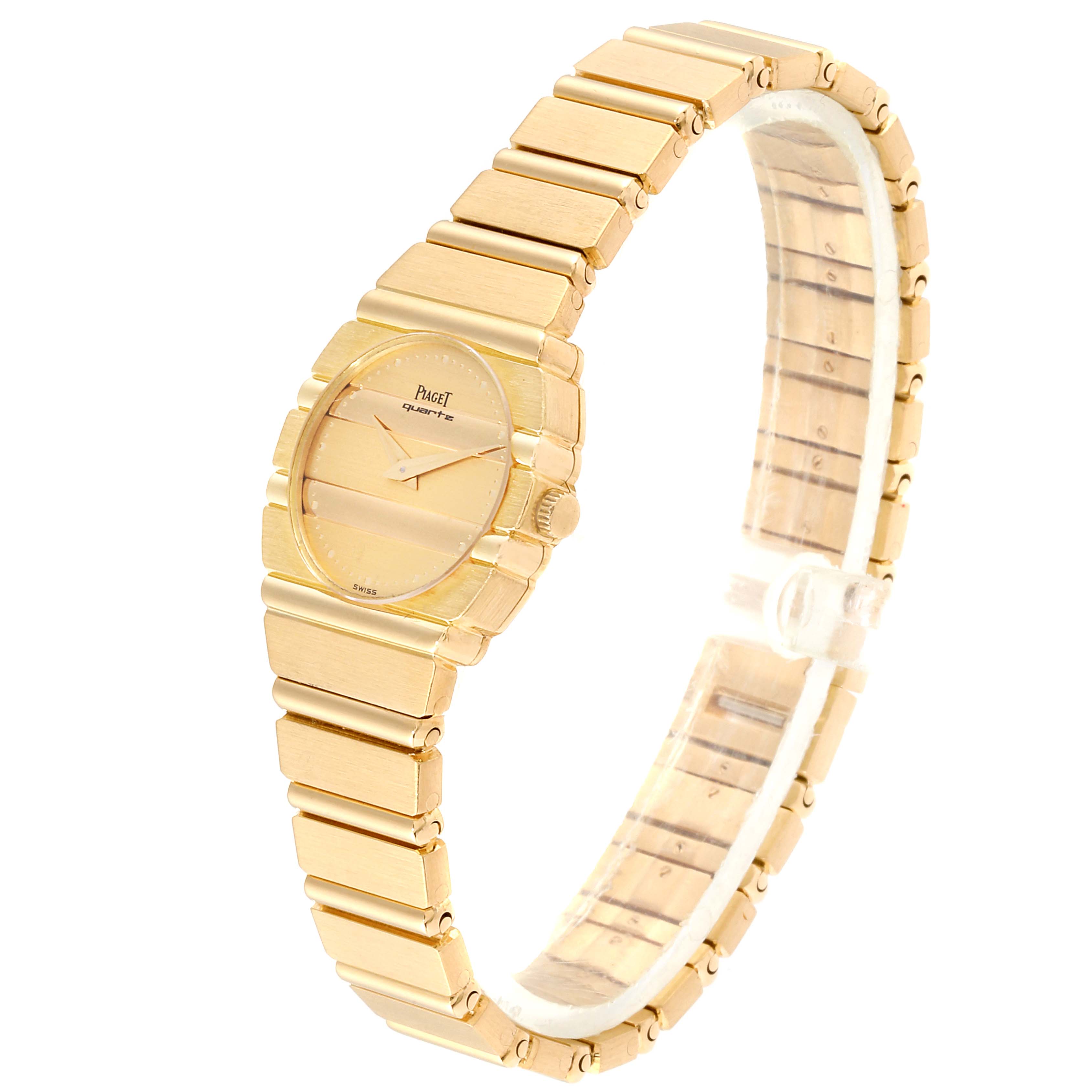 The Piaget 861 C701 Women's Yellow Gold Champagne Dial 861 C701 Women's Yellow Gold Champagne Dial Polo 18K Yellow Gold Champagne Dial Quartz Ladies Watch C701 is shown at an angled view, highlighting the dial and bracelet.