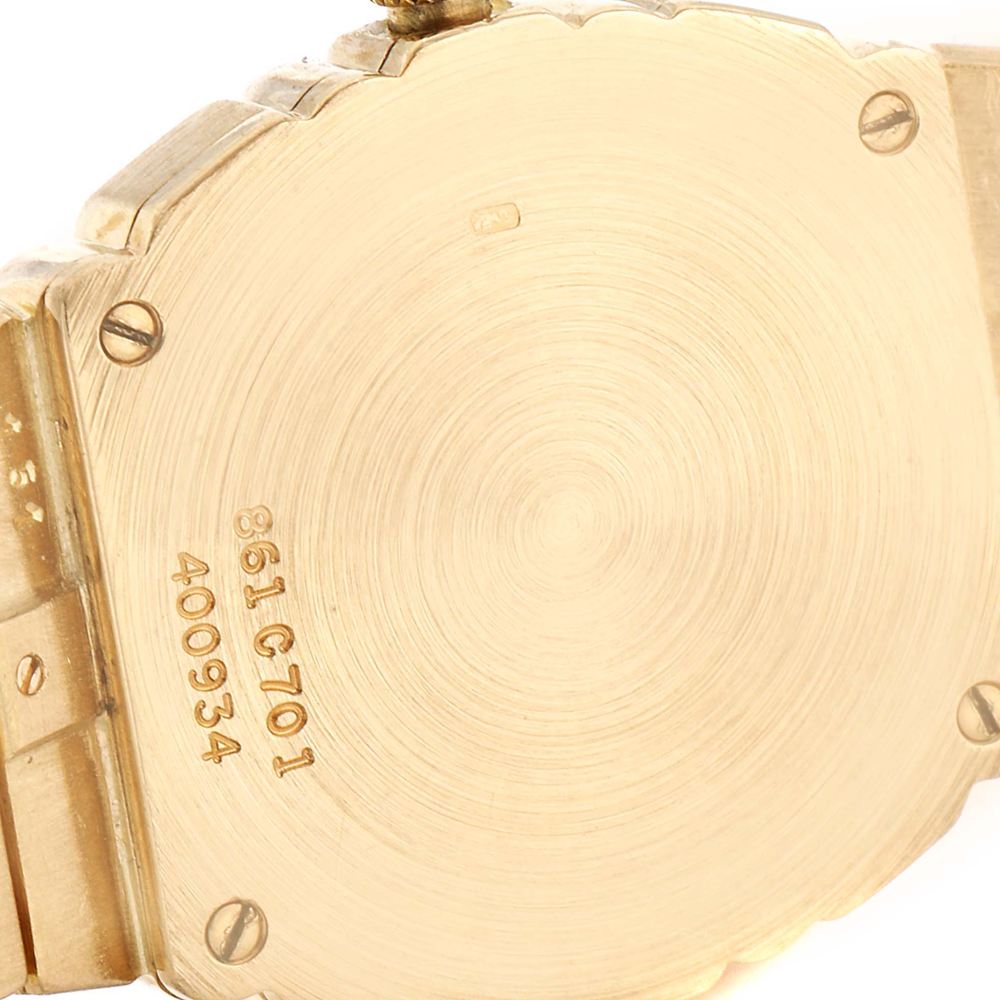 This image shows the back case of the Piaget 861 C701 Women's Yellow Gold Champagne Dial 861 C701 Women's Yellow Gold Champagne Dial Polo 18K Yellow Gold Champagne Dial Quartz Ladies Watch C701.