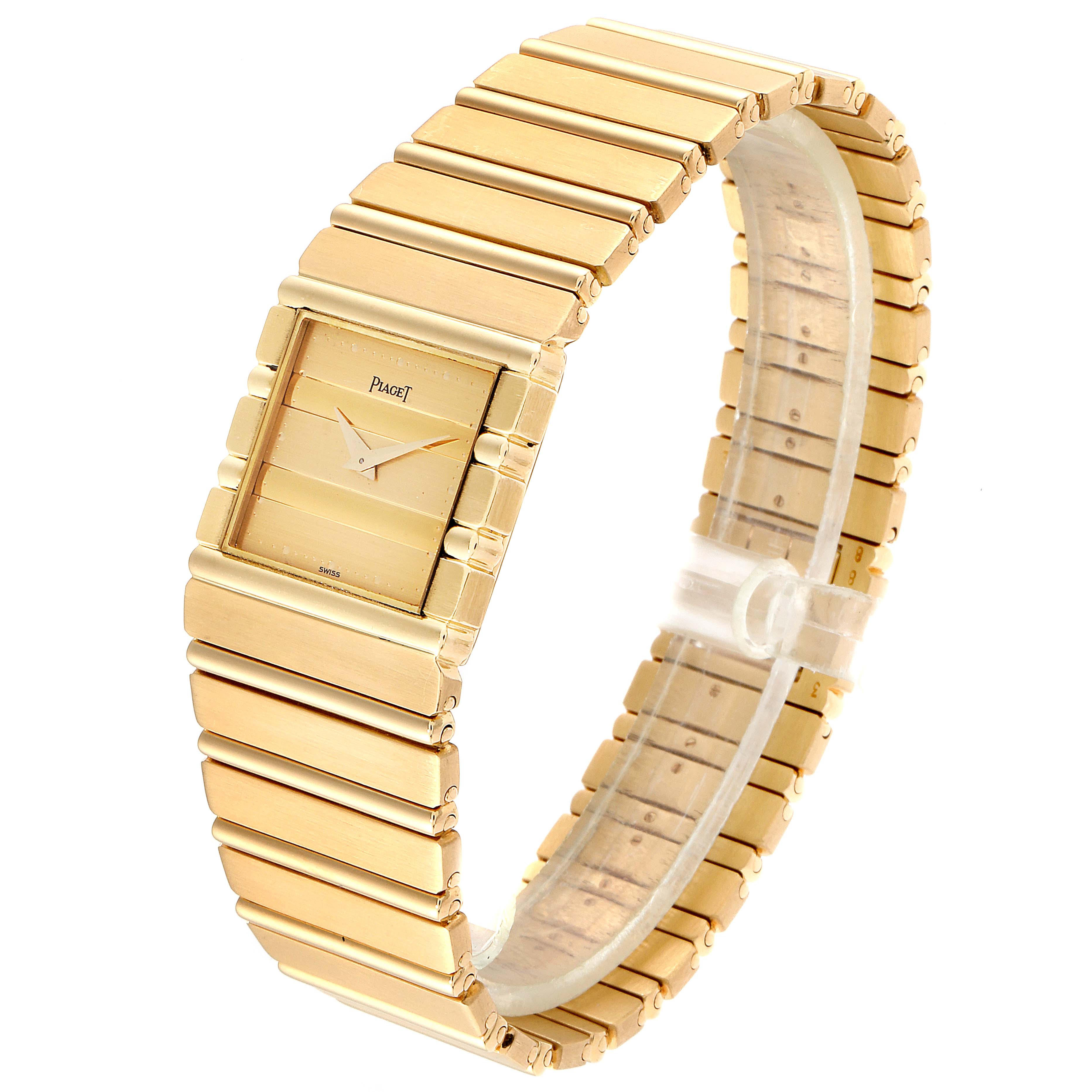 The Piaget 7131 C 701 Men's Yellow Gold Champagne Dial 7131 C 701 Men's Yellow Gold Champagne Dial Polo 18K Yellow Gold Men's Watch 7131 model is shown at a three-quarter angle displaying the face and band.