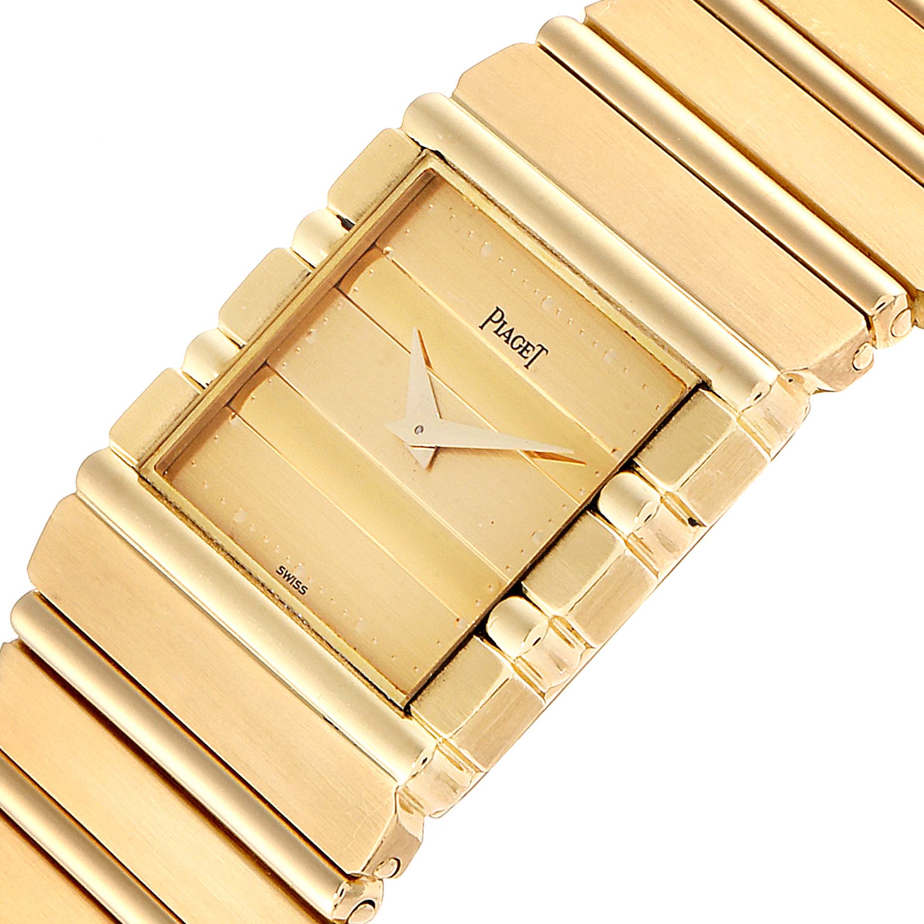 The image shows the face and part of the band of the Piaget 7131 C 701 Men's Yellow Gold Champagne Dial 7131 C 701 Men's Yellow Gold Champagne Dial Polo 18K Yellow Gold Mens Watch 7131 model from an angled top view.