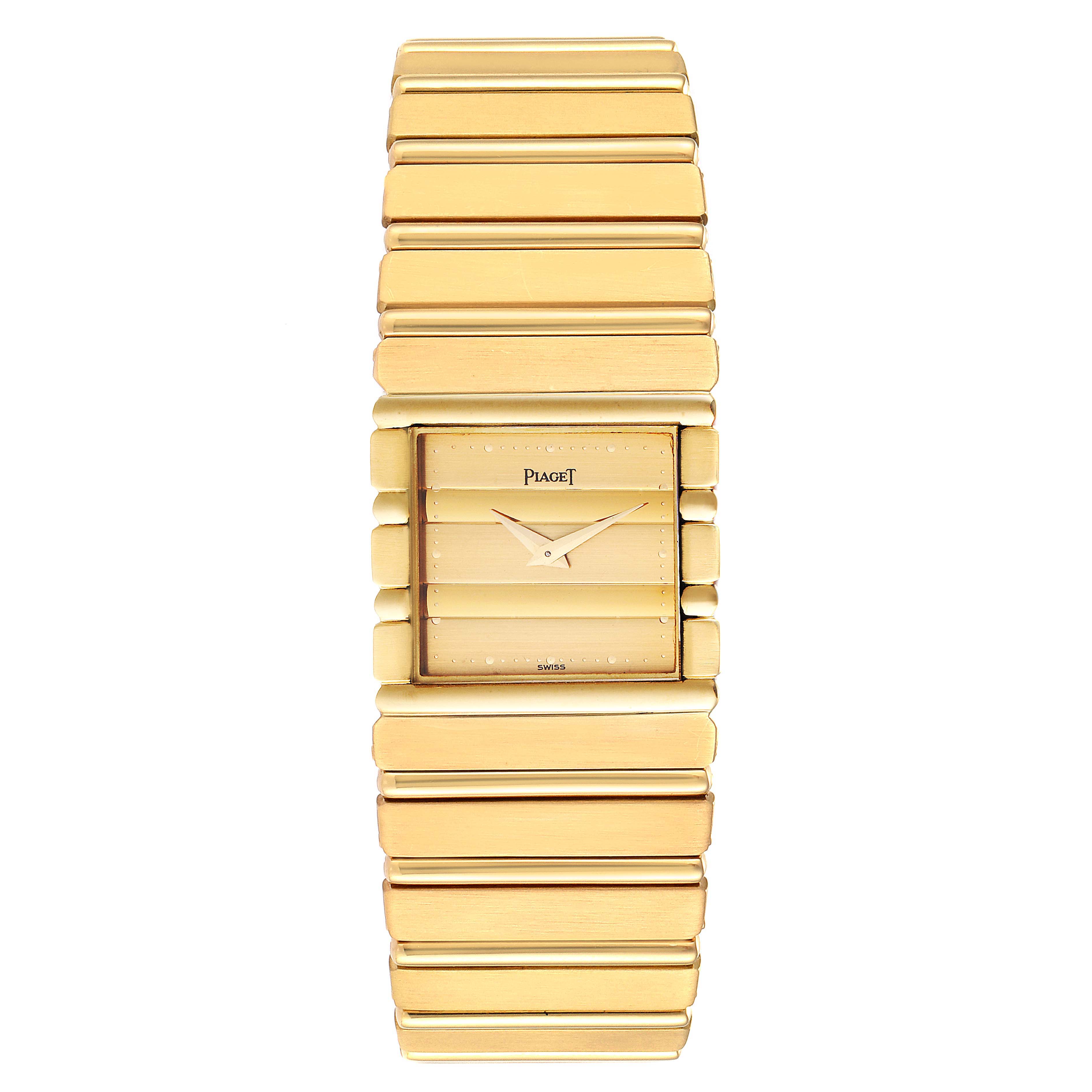 This image shows a front view of the Piaget 7131 C 701 Men's Yellow Gold Champagne Dial 7131 C 701 Men's Yellow Gold Champagne Dial Polo 18K Yellow Gold Mens Watch 7131, displaying the watch face and bracelet.