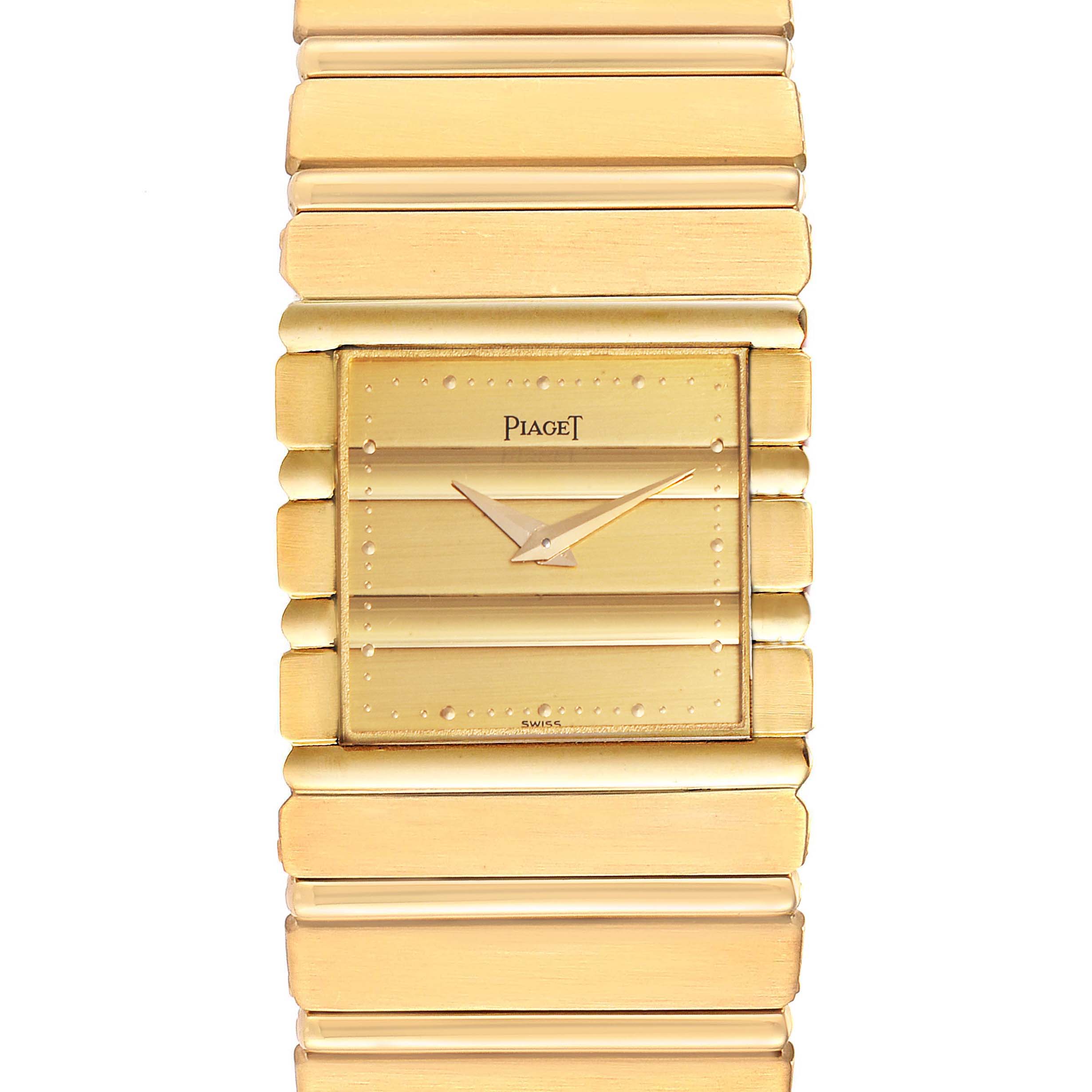 This image shows a front view of the Piaget 7131 C701 Men's Yellow Gold Champagne Dial 7131 C701 Men's Yellow Gold Champagne Dial Polo 18K Yellow Gold Quartz Mens Watch, model 7131, highlighting its gold dial and band.