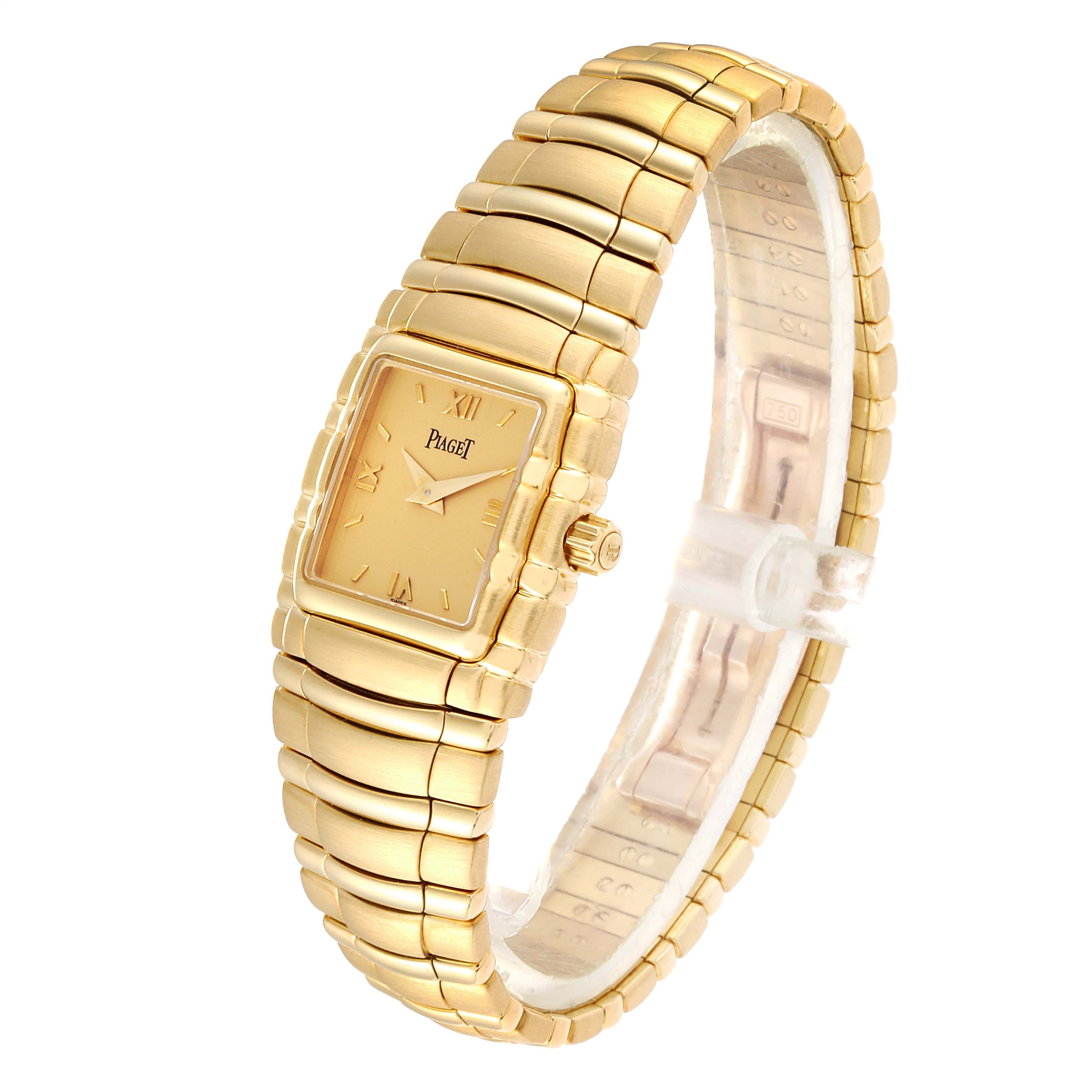 This image shows the Piaget M411 Women's Yellow Gold Champagne Dial M411 Women's Yellow Gold Champagne Dial Tanagra 18K Yellow Gold Mechanical Ladies Watch M411 from a three-quarter front angle, highlighting the dial and band.