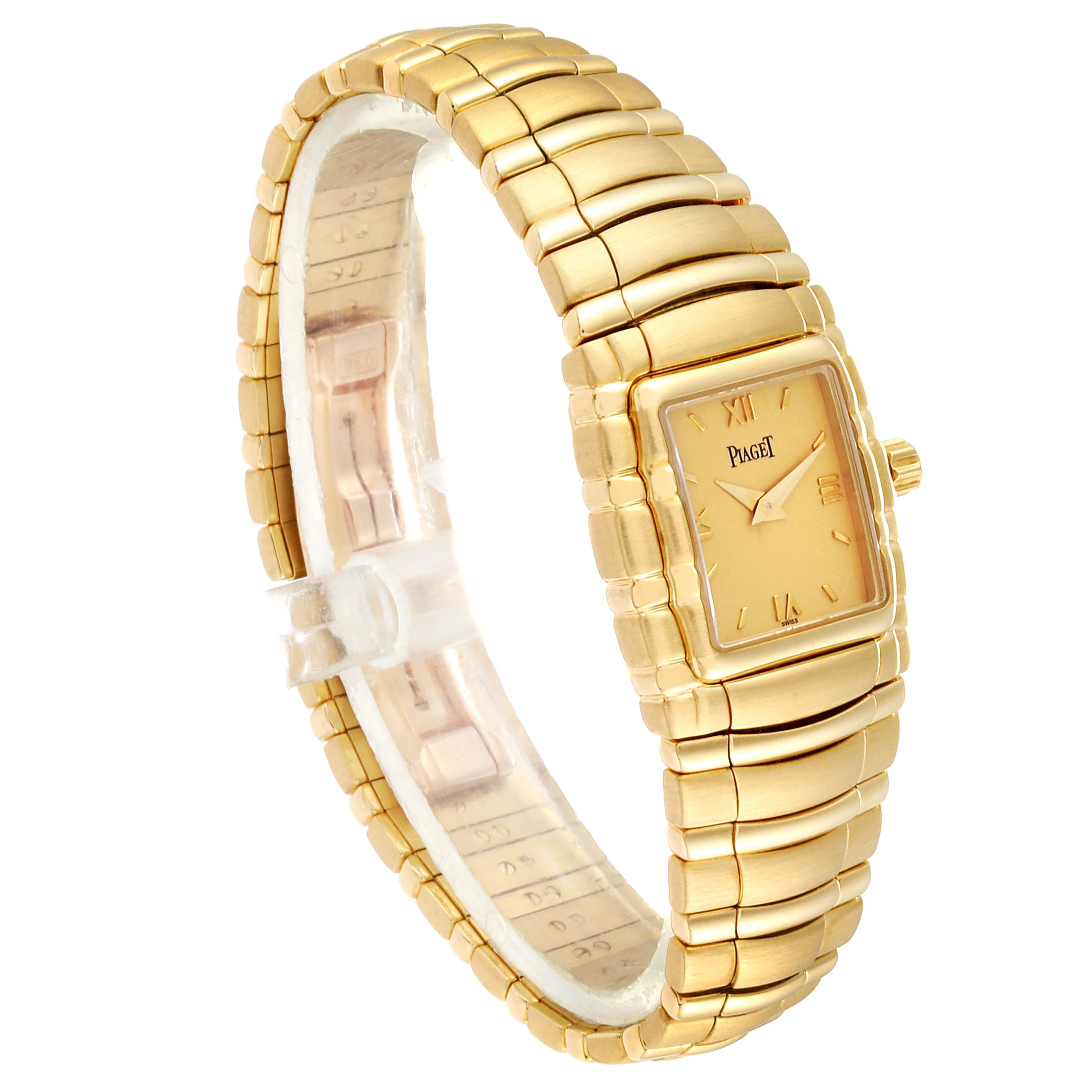 The image shows the Piaget M411 Women's Yellow Gold Champagne Dial M411 Women's Yellow Gold Champagne Dial Tanagra 18K Yellow Gold Mechanical Ladies Watch M411 at a slight side angle, highlighting its face and bracelet.