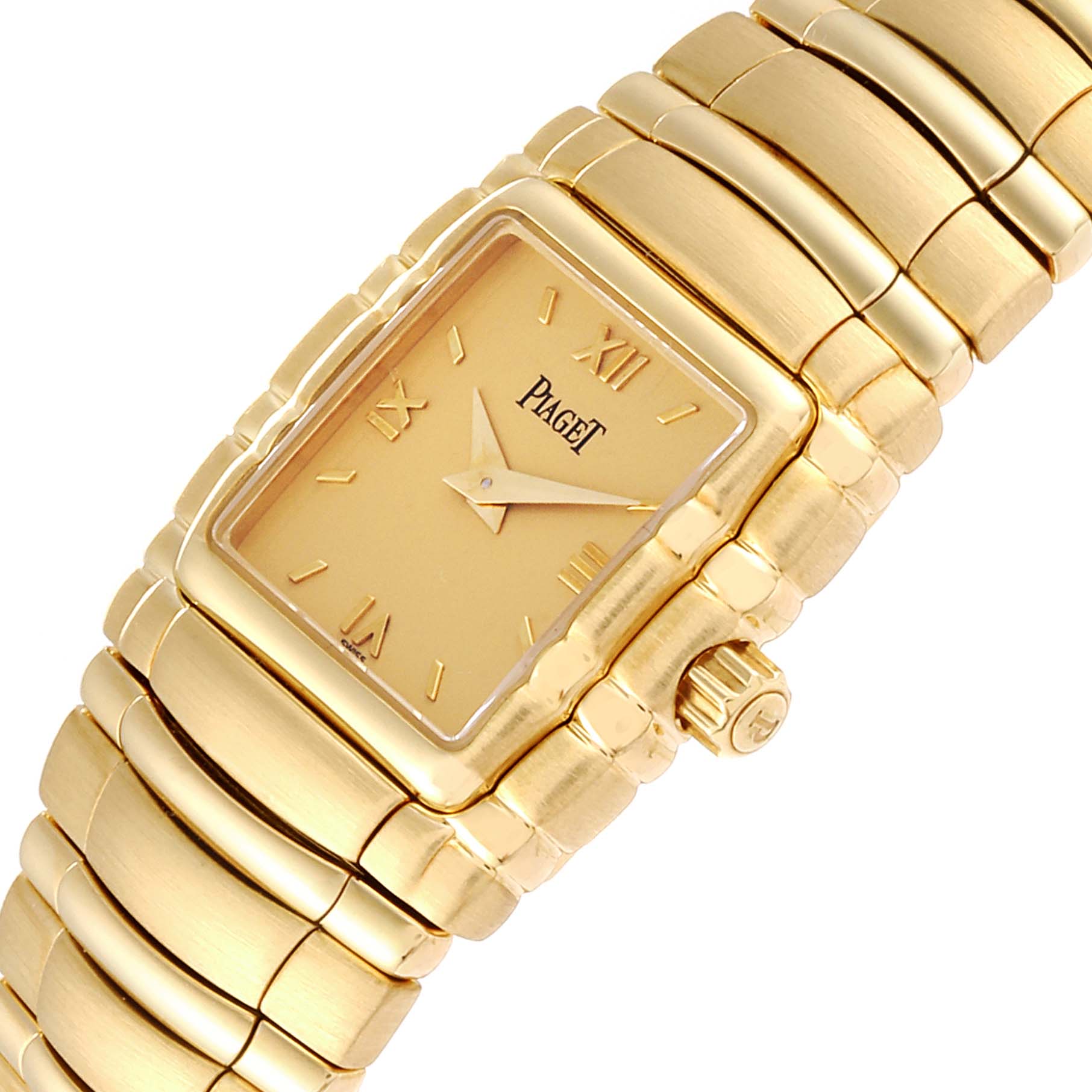 The image shows a close-up angle of the Piaget M411 Women's Yellow Gold Champagne Dial M411 Women's Yellow Gold Champagne Dial Tanagra 18K Yellow Gold Mechanical Ladies Watch M411, focusing on the dial and bracelet.