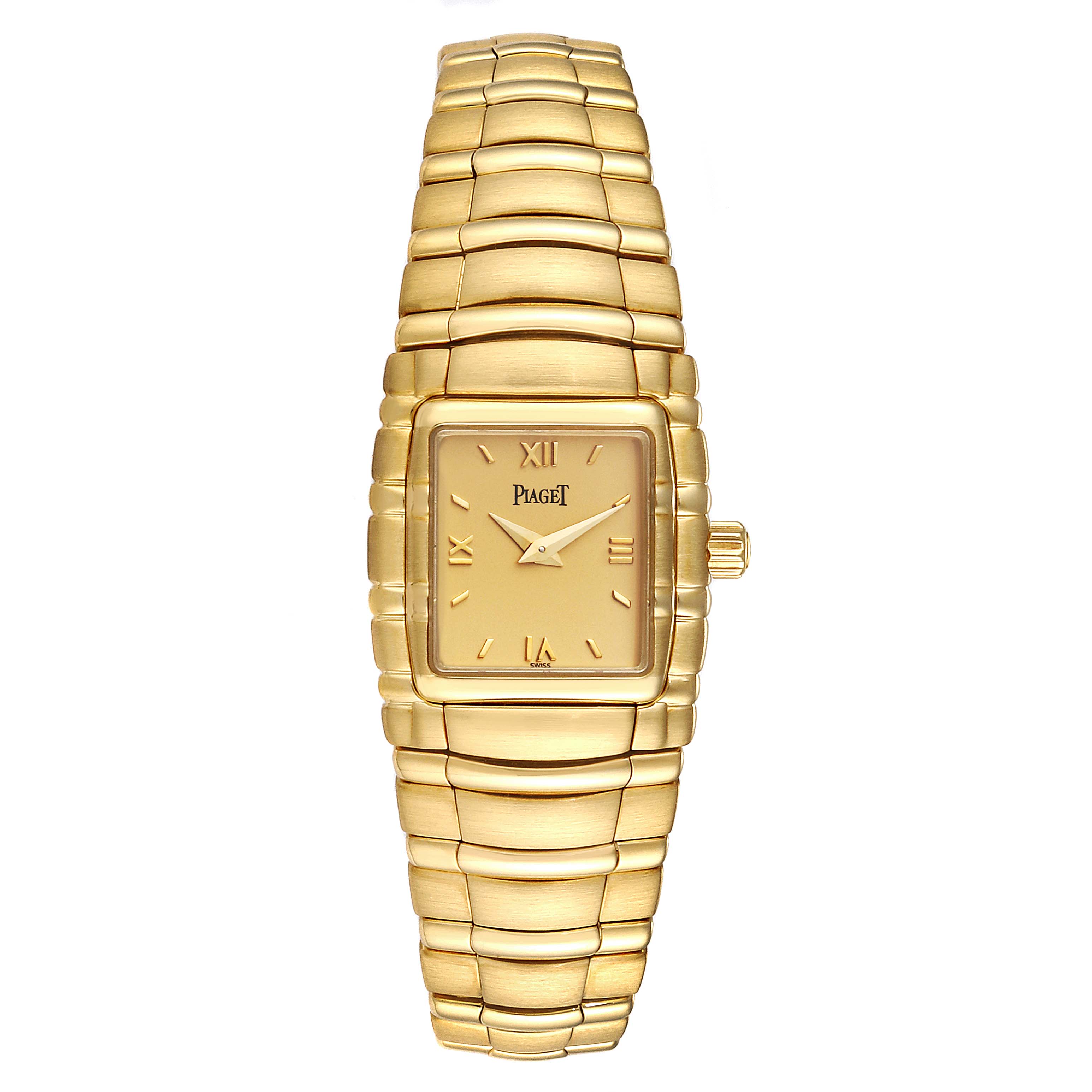The Piaget M411 Women's Yellow Gold Champagne Dial M411 Women's Yellow Gold Champagne Dial Tanagra M411 18K Yellow Gold Mechanical Ladies Watch is shown from a top-down angle highlighting its face and bracelet.