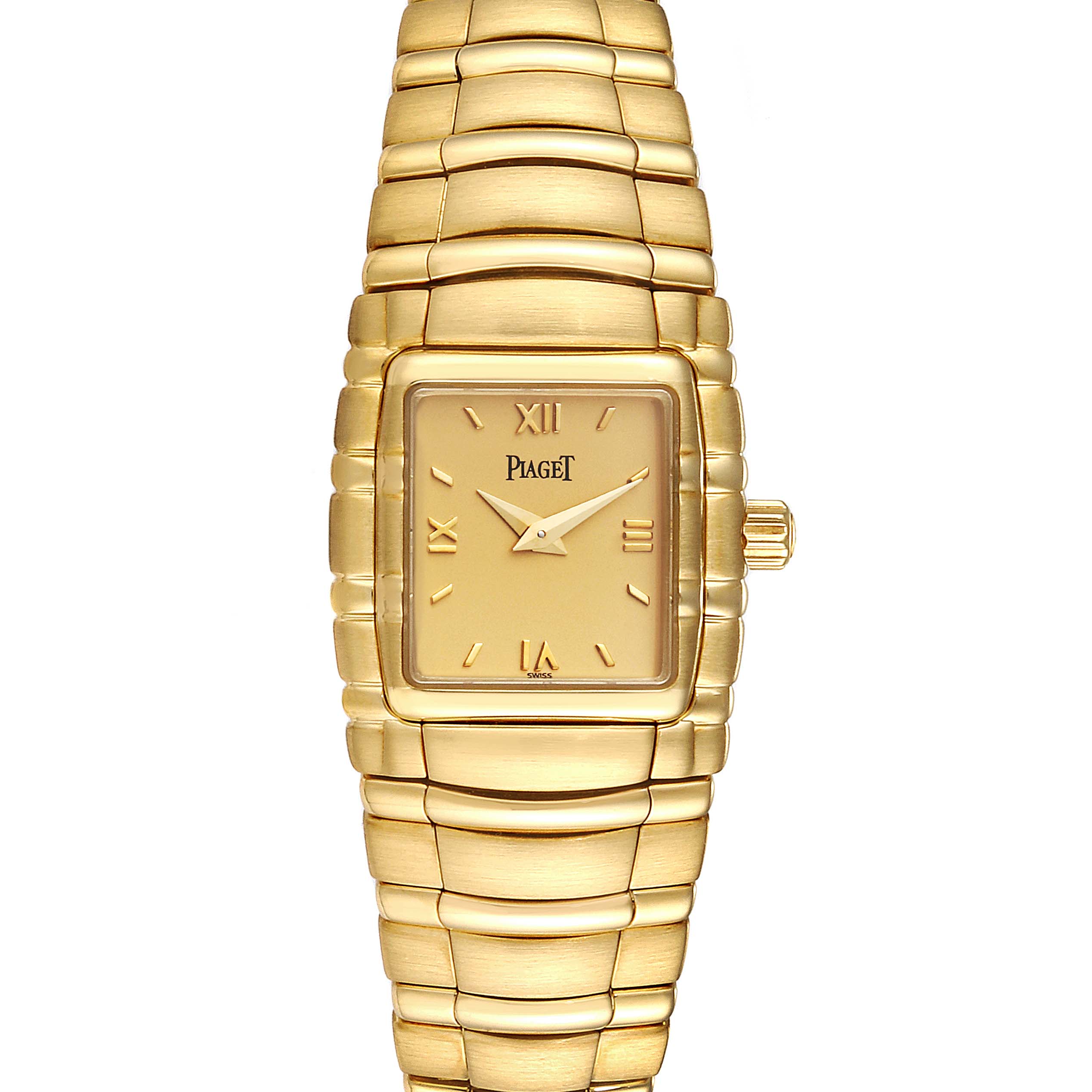 The image shows a front view of the Piaget M411 Women's Yellow Gold Champagne Dial M411 Women's Yellow Gold Champagne Dial Tanagra 18K Yellow Gold Mechanical Ladies Watch M411, highlighting the case and bracelet.