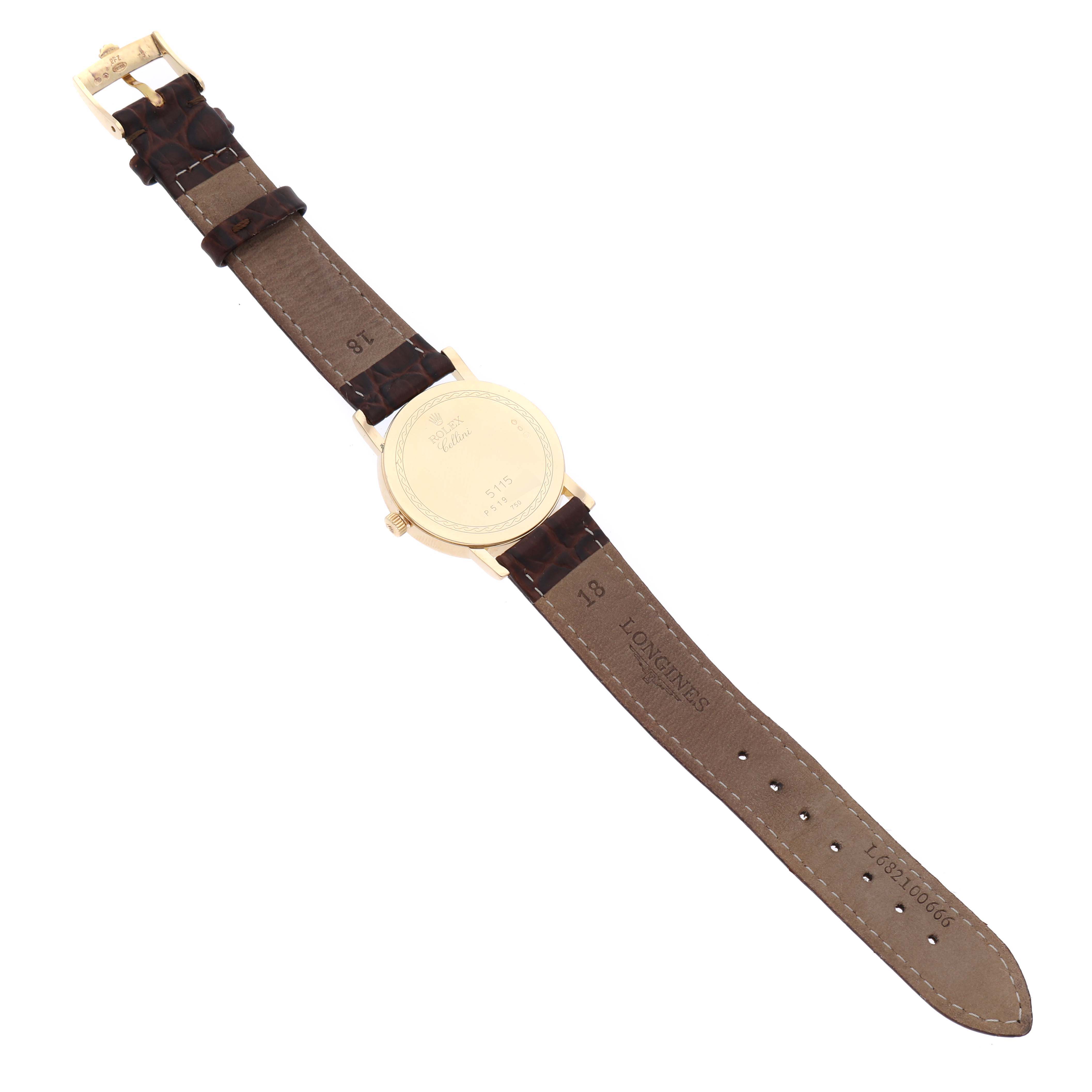 The image shows the back and strap of a Rolex Cellini 5115/8 Men's Yellow Gold Champagne Dial 5115/8 Men's Yellow Gold Champagne Dial watch, laid flat with the buckle visible at the top.