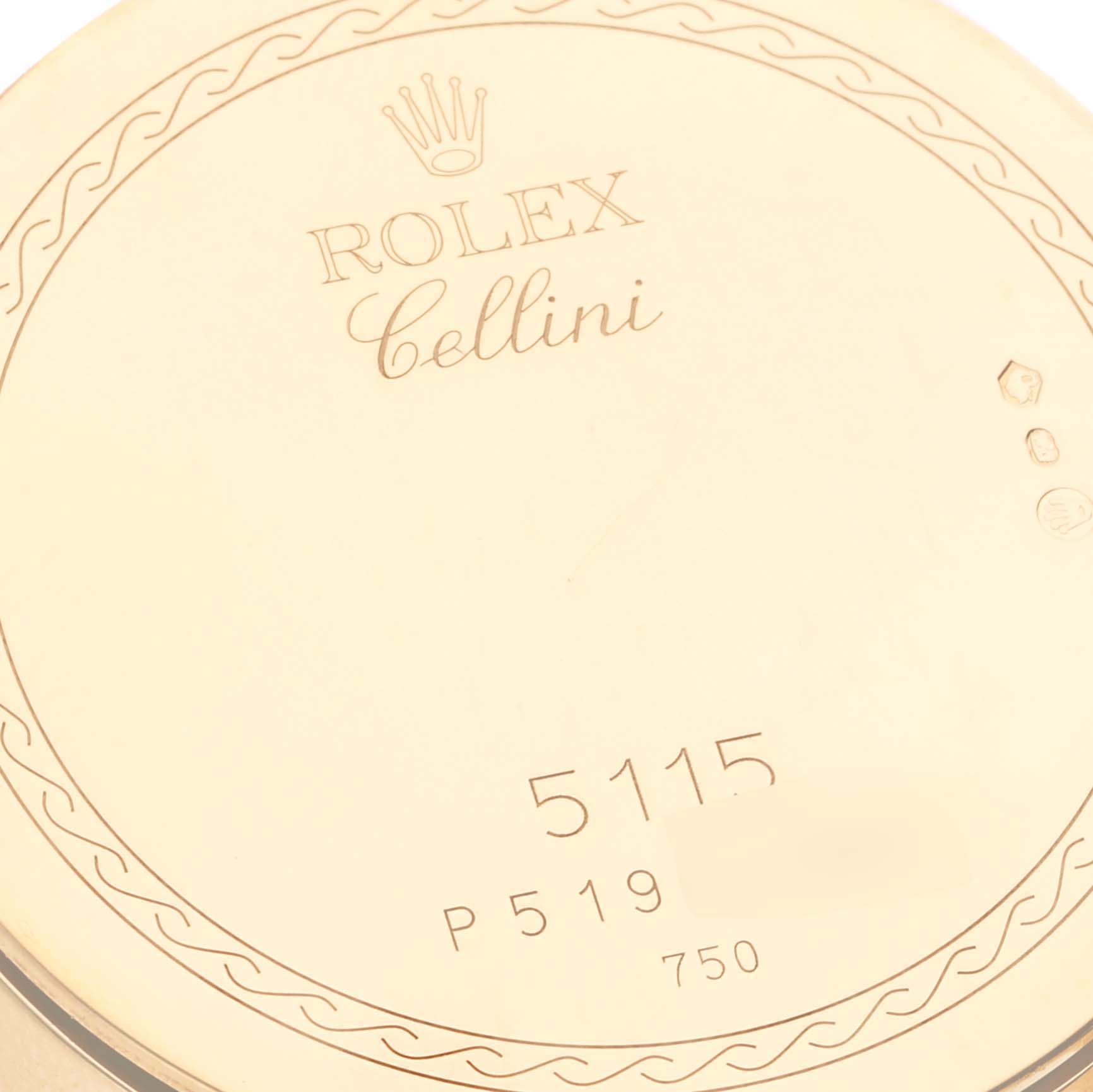 This is a close-up view of the back case of a Rolex Cellini 5115/8 Men's Yellow Gold Champagne Dial 5115/8 Men's Yellow Gold Champagne Dial watch showing branding and model details.