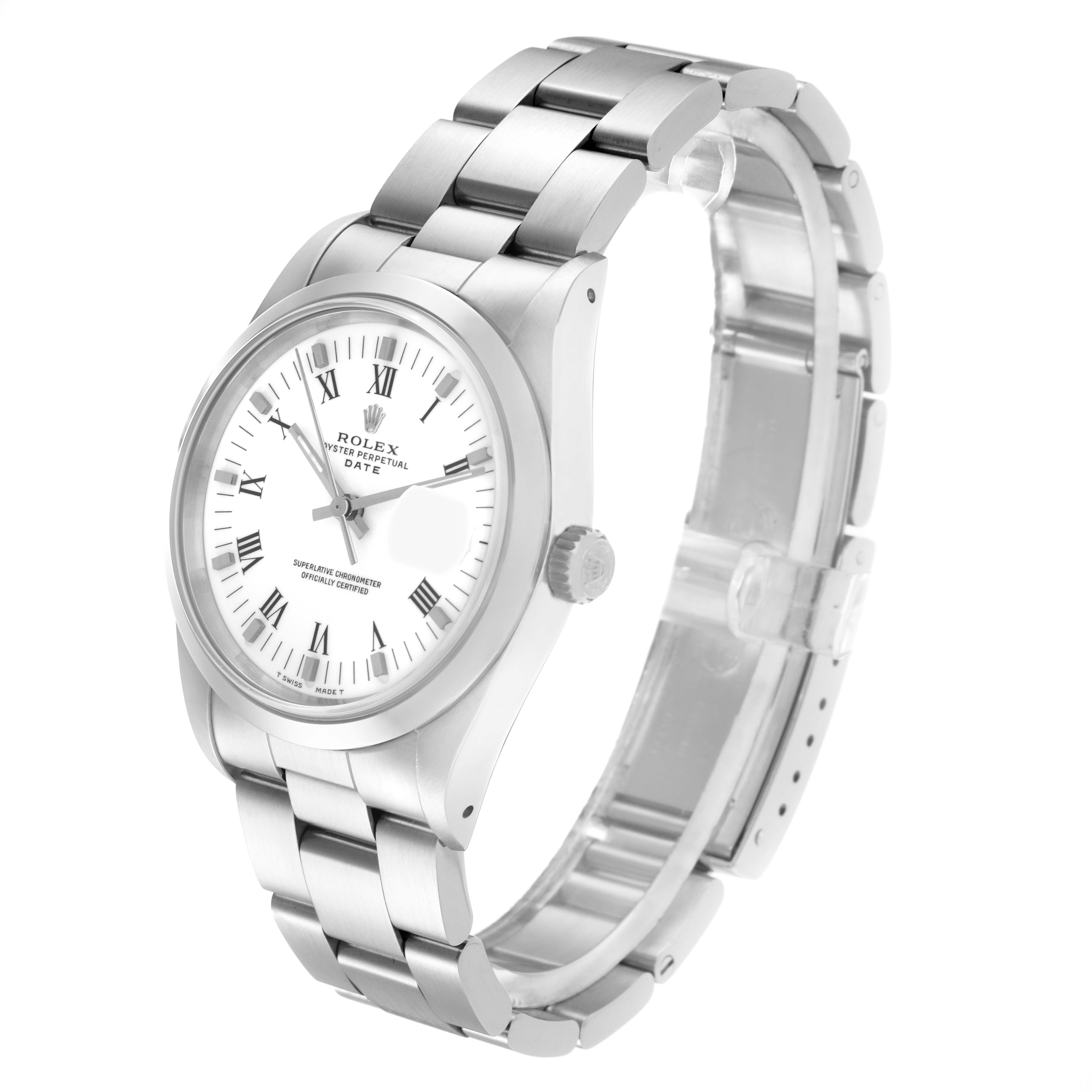 The Rolex Date 15200 Men
s Stainless Steel White Dial 15200 Men
s Stainless Steel White Dial watch is shown at a three-quarter angle, displaying the bracelet, dial, bezel, and crown.