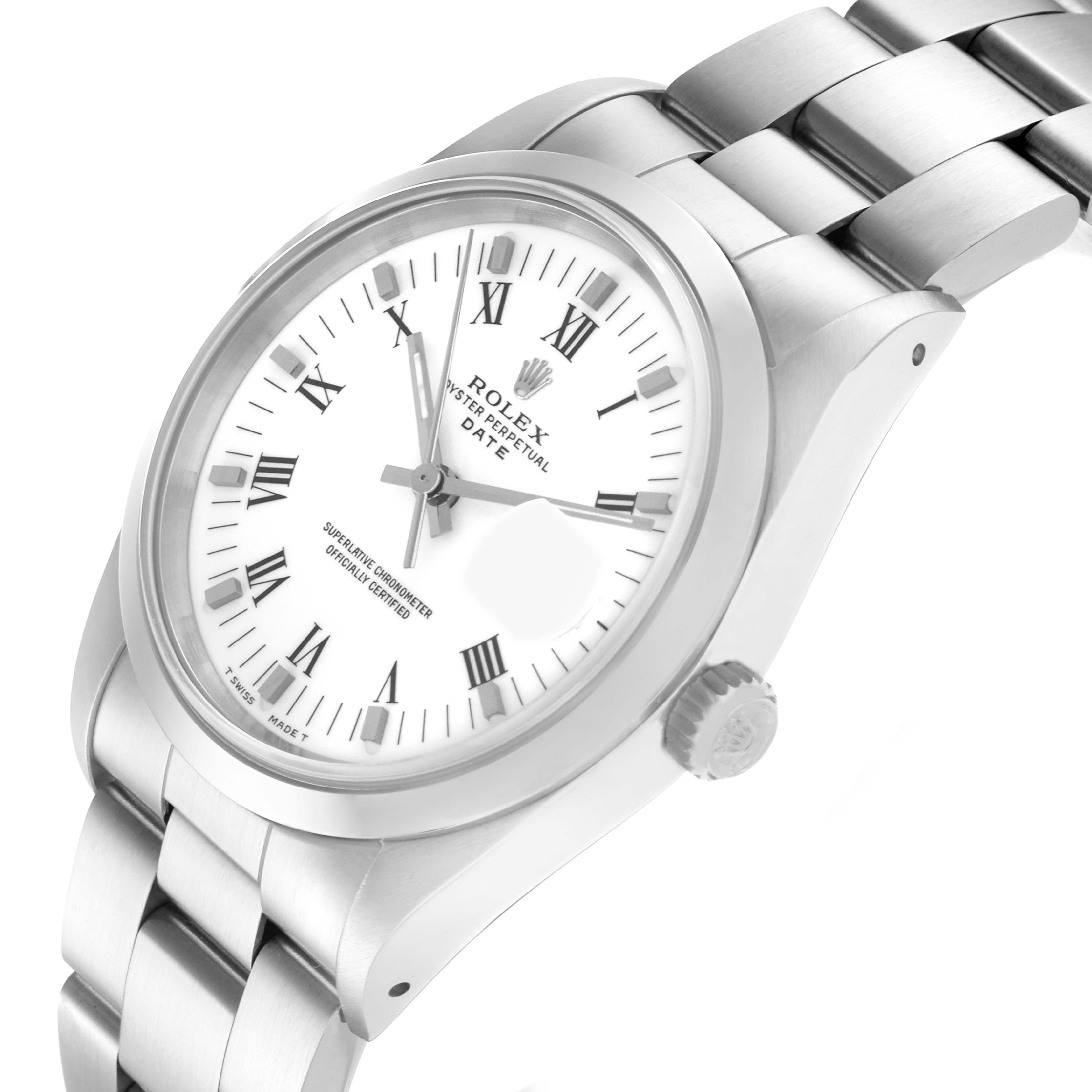 This Rolex Date 15200 Men
s Stainless Steel White Dial 15200 Men
s Stainless Steel White Dial watch is shown at a three-quarter angle, highlighting the face, bracelet, and crown.