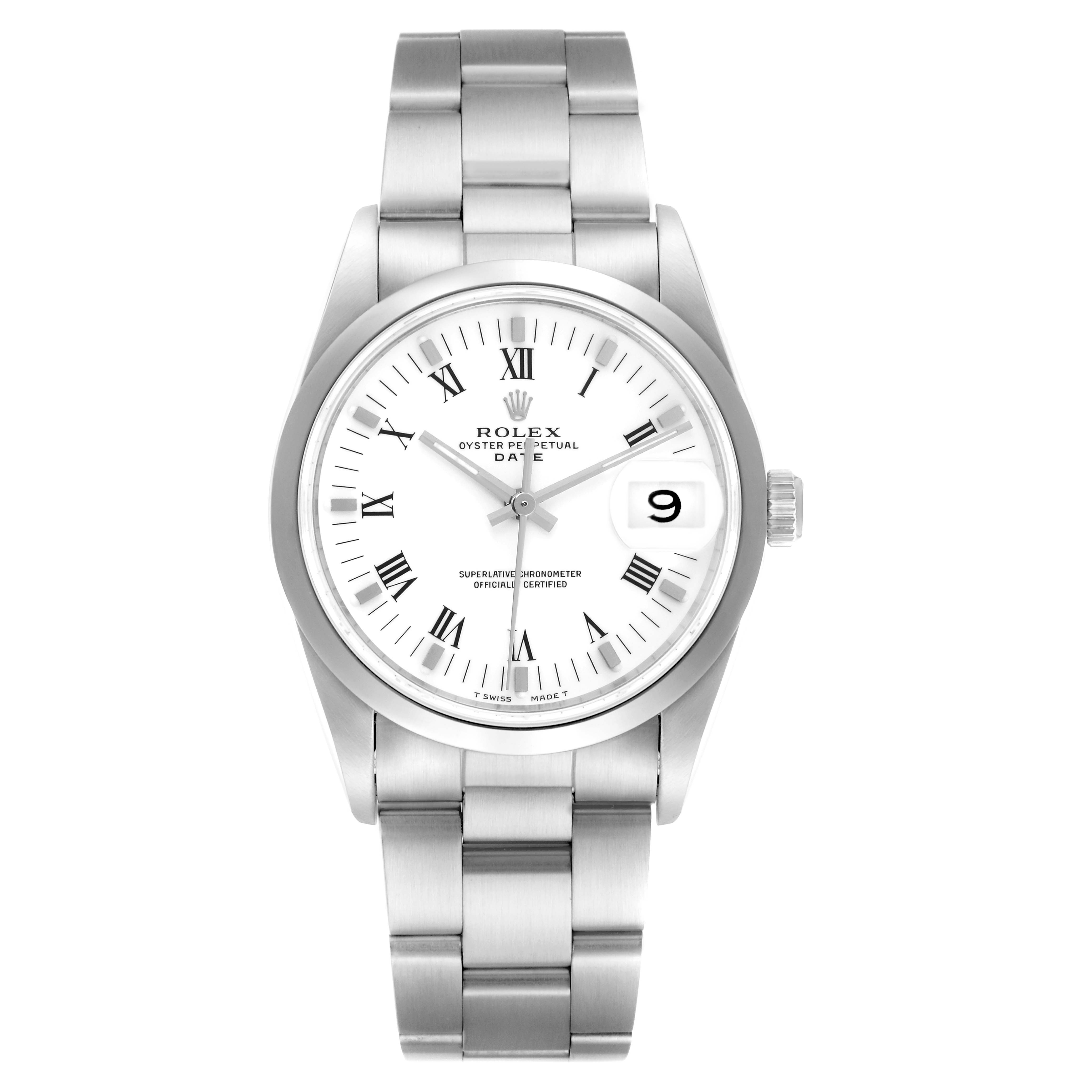 The Rolex Date 15200 Men
s Stainless Steel White Dial 15200 Men
s Stainless Steel White Dial watch is shown from a front angle, displaying the dial, Roman numerals, date window, and bracelet.