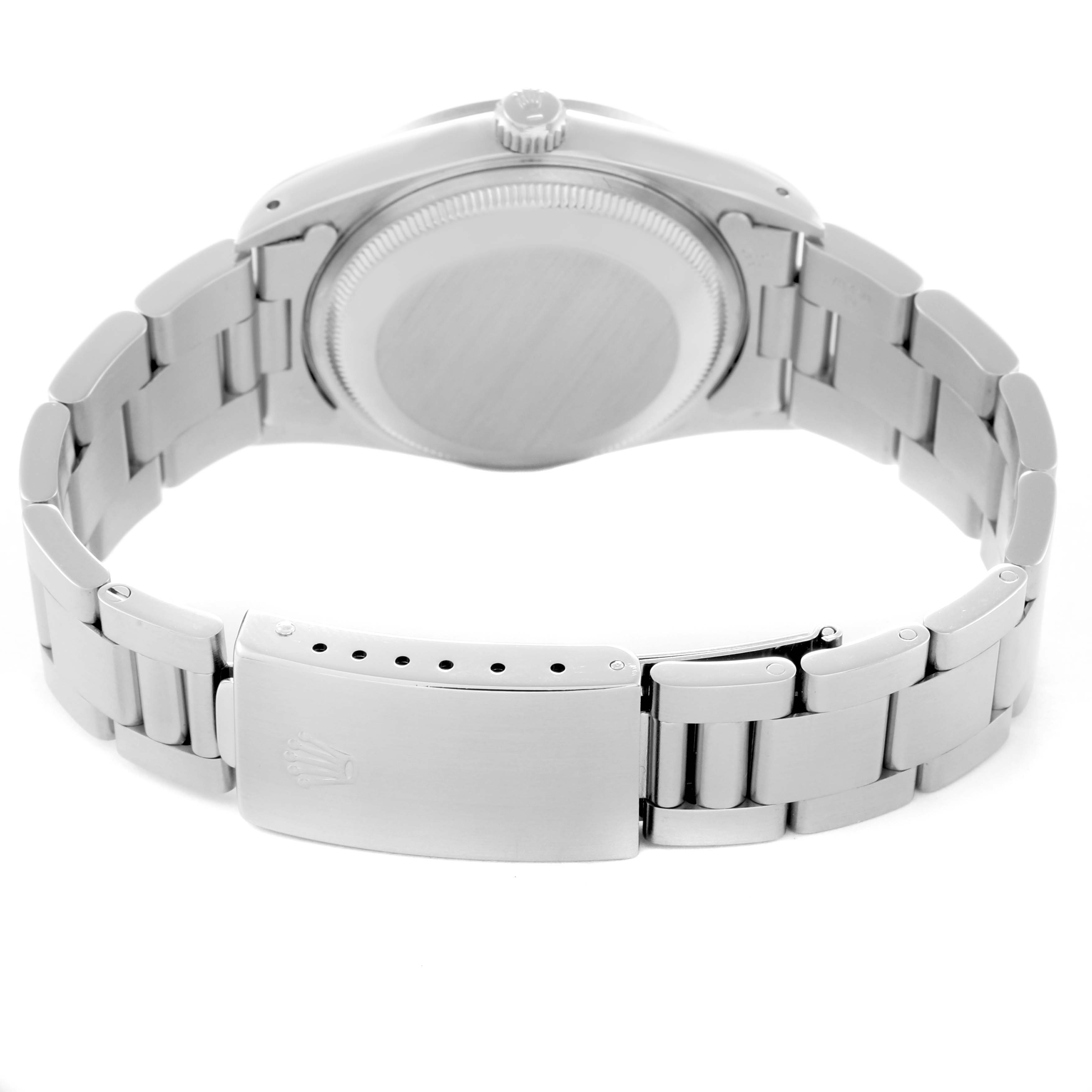 The image shows the back view of the Rolex Date 15200 Men
s Stainless Steel White Dial 15200 Men
s Stainless Steel White Dial model, highlighting the case back, bracelet, and clasp.