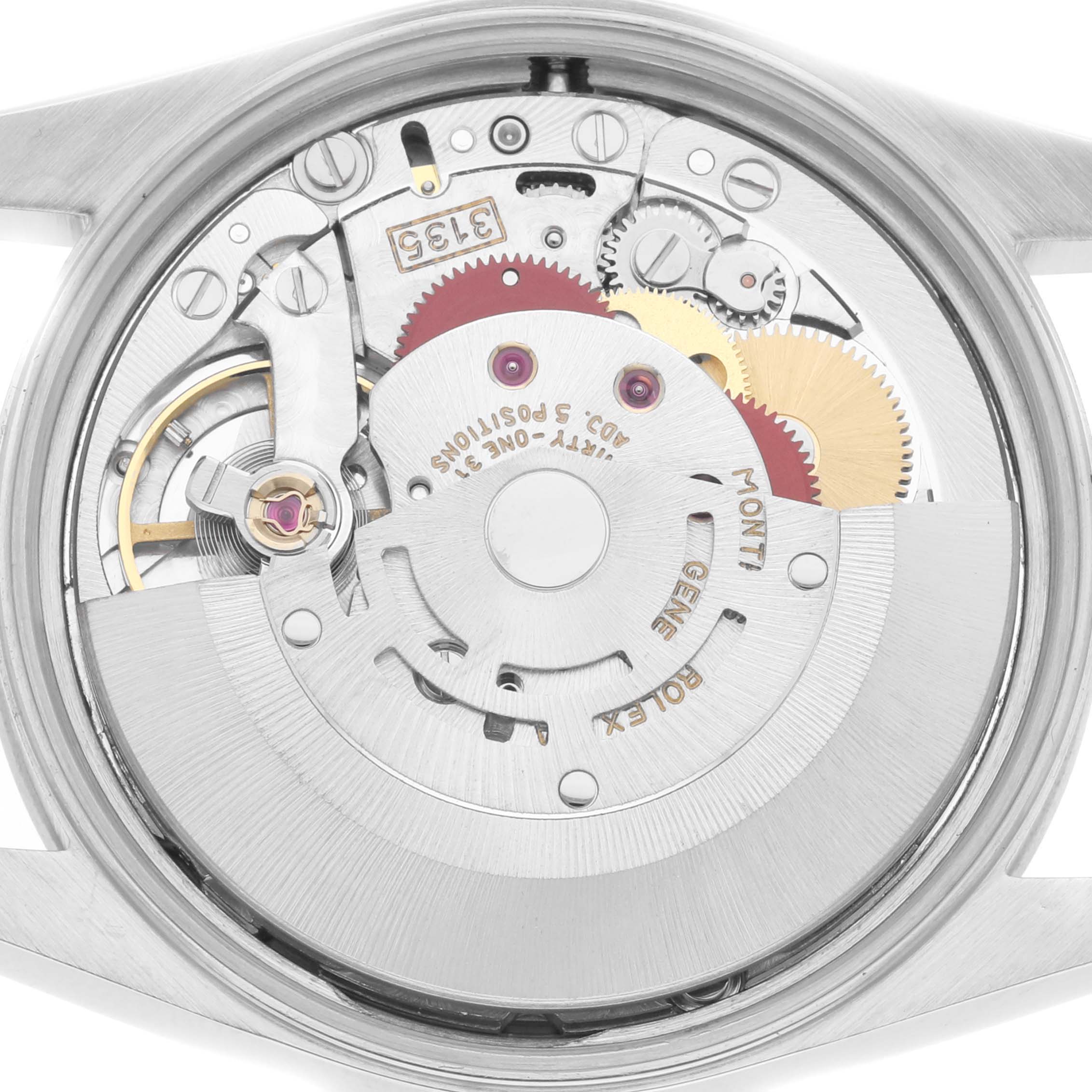 The image shows the movement and inner mechanisms of the Rolex Date 15200 Men
s Stainless Steel White Dial 15200 Men
s Stainless Steel White Dial model from a rear angle, highlighting gears and components.
