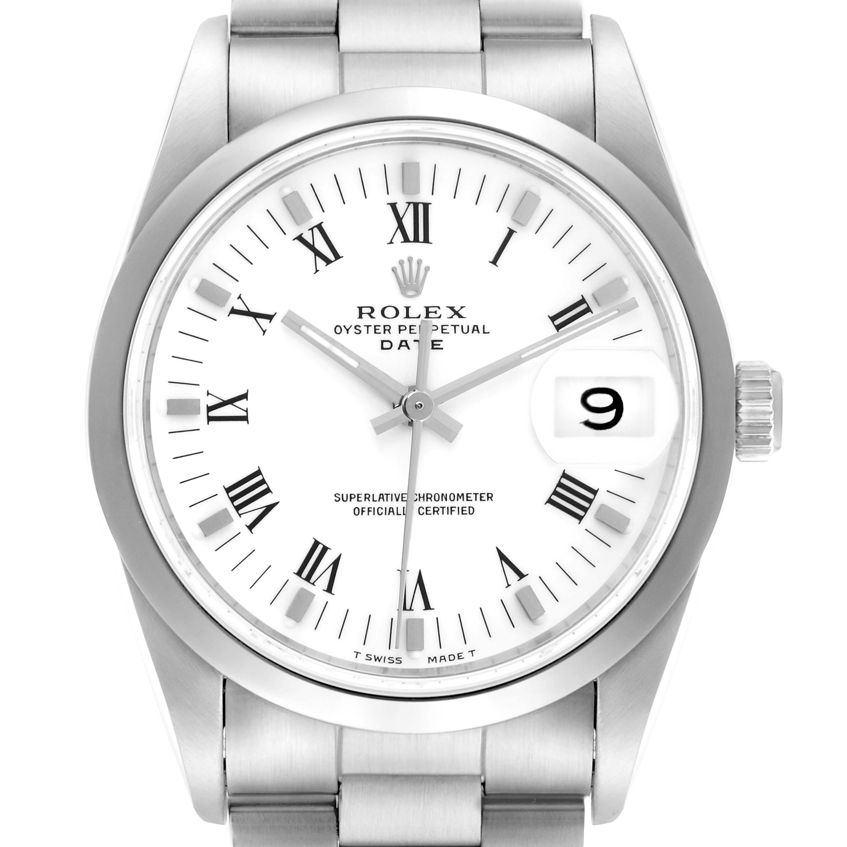 The Rolex Date 15200 Men
s Stainless Steel White Dial 15200 Men
s Stainless Steel White Dial model watch is shown from a frontal angle, displaying the dial, bezel, crown, and part of the bracelet.