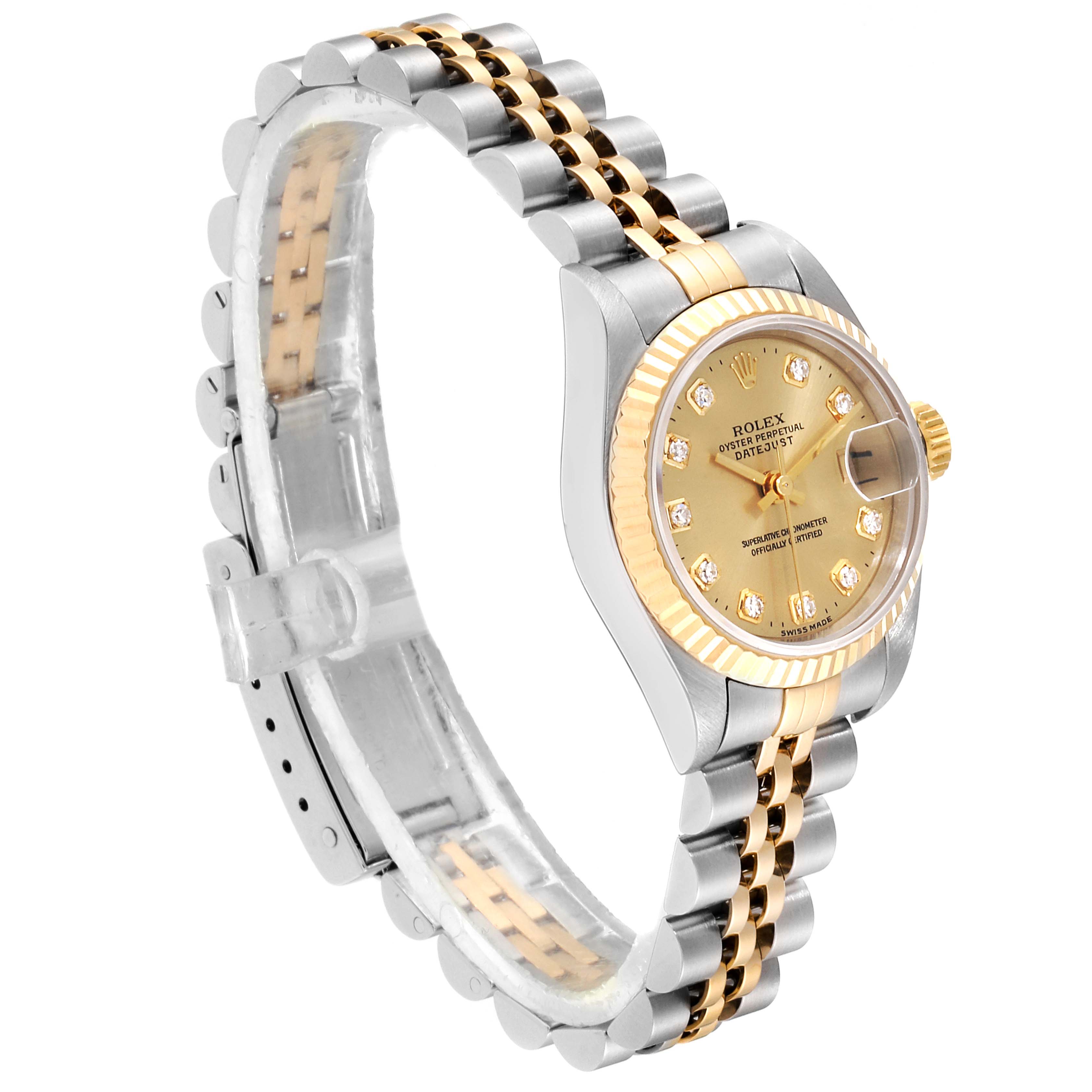 The image displays a Rolex Datejust 69173 Women
s Steel and Gold (two tone) Champagne Dial 69173 Women
s Steel and Gold (two tone) Champagne Dial watch at a slight angle, showcasing the face, bezel, and bracelet.