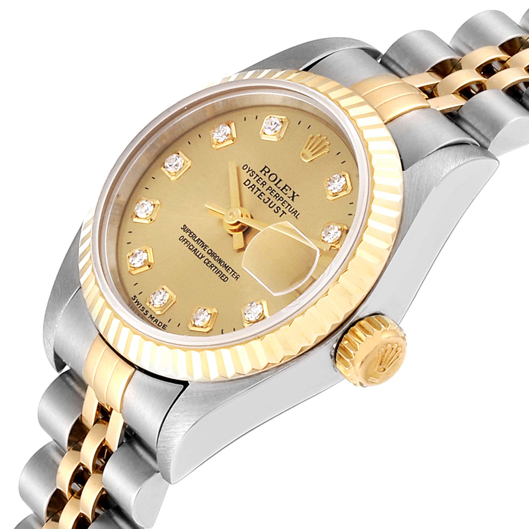 The Rolex Datejust 69173 Women
s Steel and Gold (two tone) Champagne Dial 69173 Women
s Steel and Gold (two tone) Champagne Dial watch is shown at a slight angle, highlighting the dial, bezel, crown, and part of the bracelet.