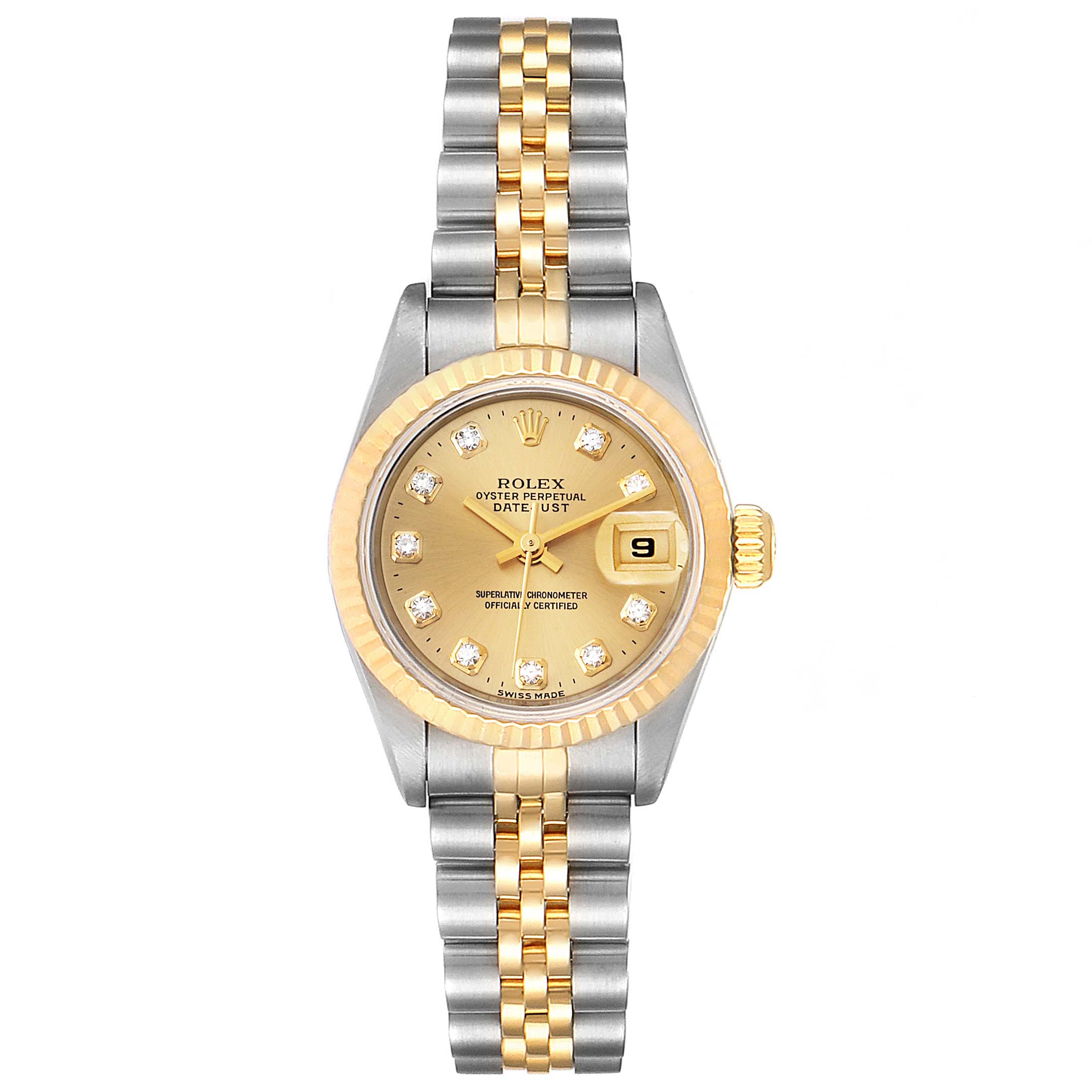 The image shows a Rolex Datejust 69173 Women
s Steel and Gold (two tone) Champagne Dial 69173 Women
s Steel and Gold (two tone) Champagne Dial watch from a front angle, highlighting its gold bezel, two-tone bracelet, and date display.
