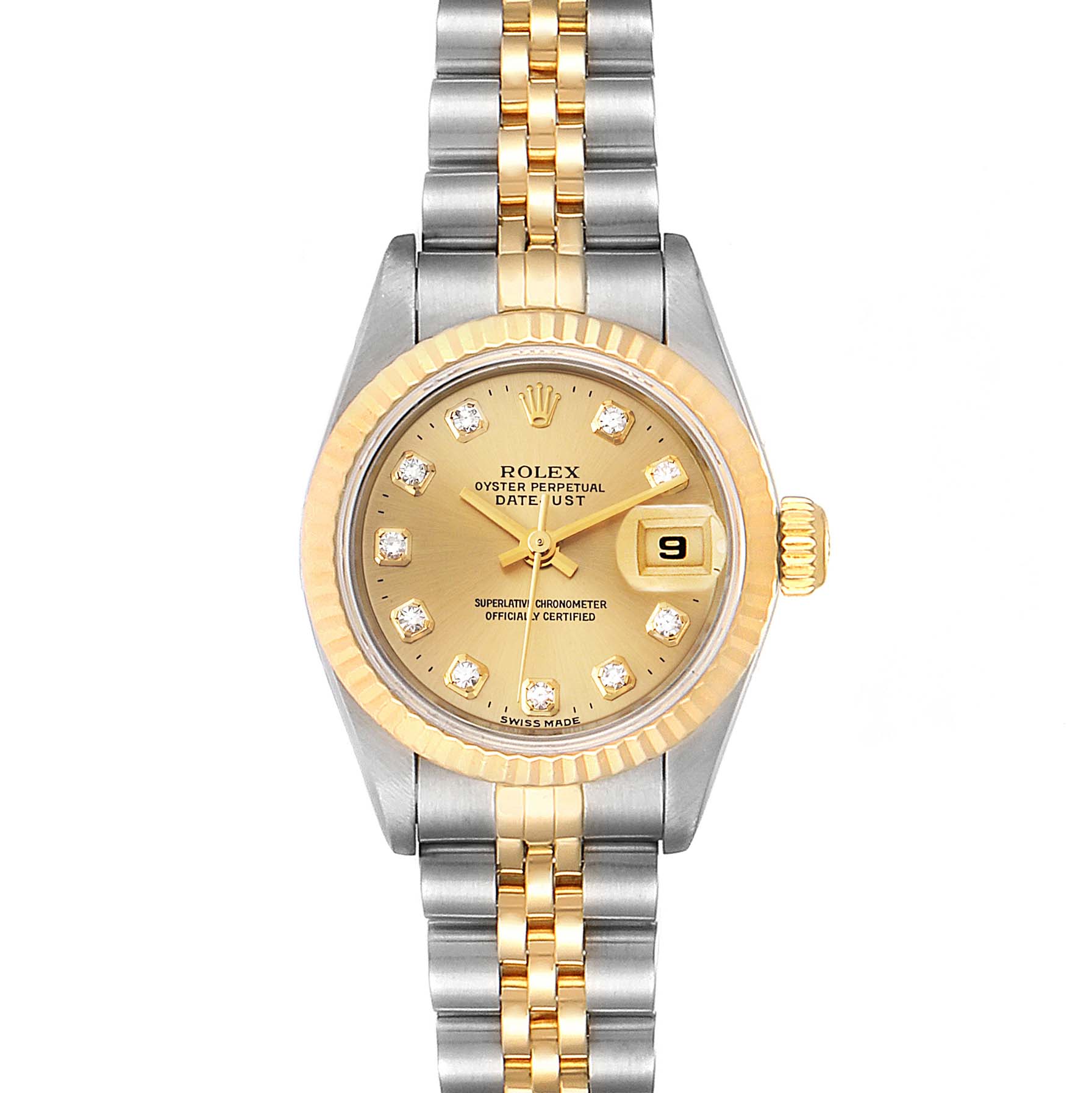 This image shows a Rolex Datejust 69173 Women
s Steel and Gold (two tone) Champagne Dial 69173 Women
s Steel and Gold (two tone) Champagne Dial watch from a top-down angle, featuring the dial, bezel, crown, and bracelet.