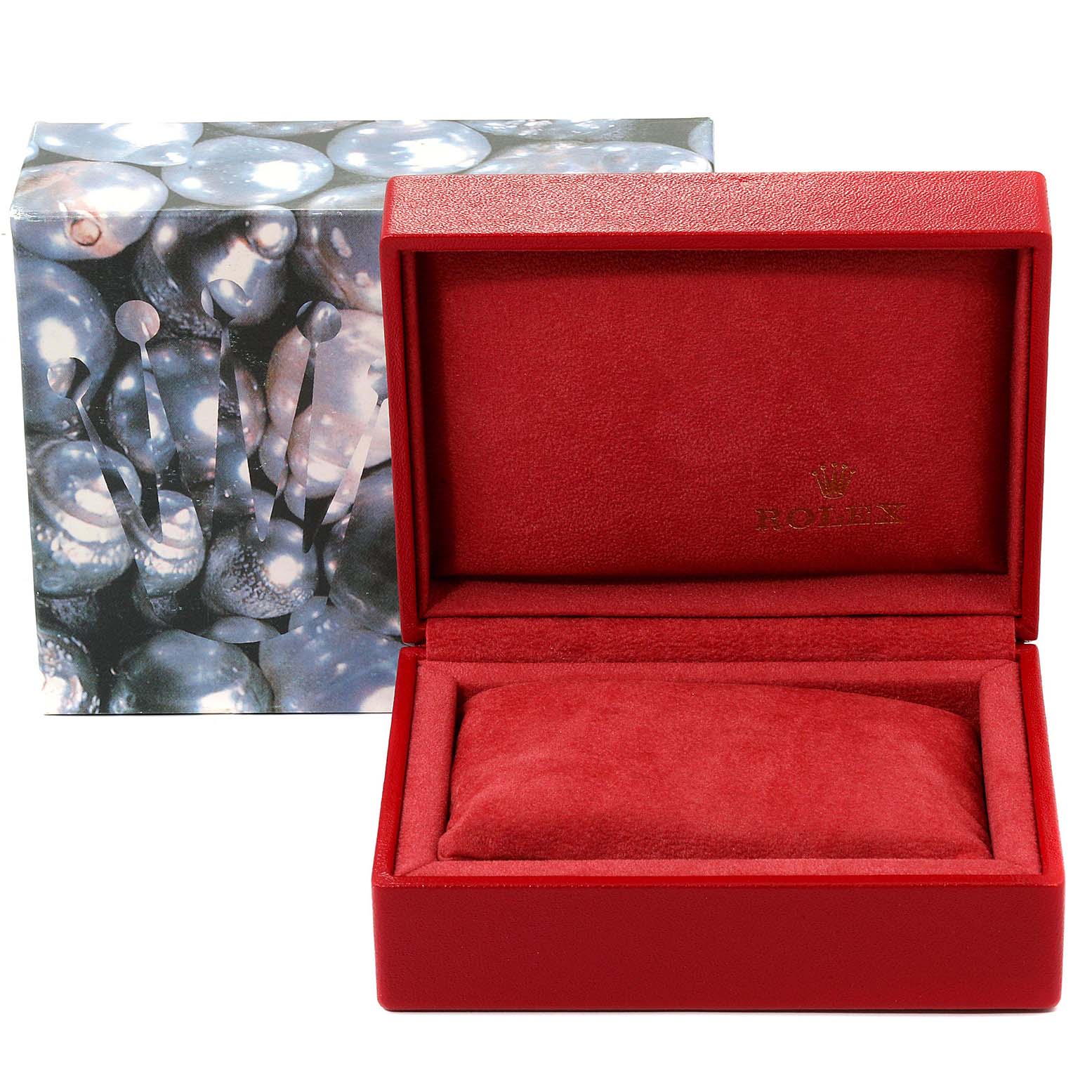 The image shows a Rolex Datejust 69173 Women
s Steel and Gold (two tone) Champagne Dial 69173 Women
s Steel and Gold (two tone) Champagne Dial watch box, open, with the outer packaging visible behind it.