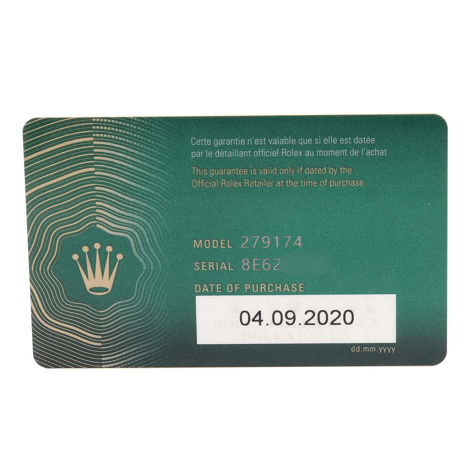 The image shows a green warranty card for the Rolex Datejust 279174 Women
s Stainless Steel White Dial 279174 Women
s Stainless Steel White Dial model 279174 with serial number 8E62 and purchase date 04.09.2020.