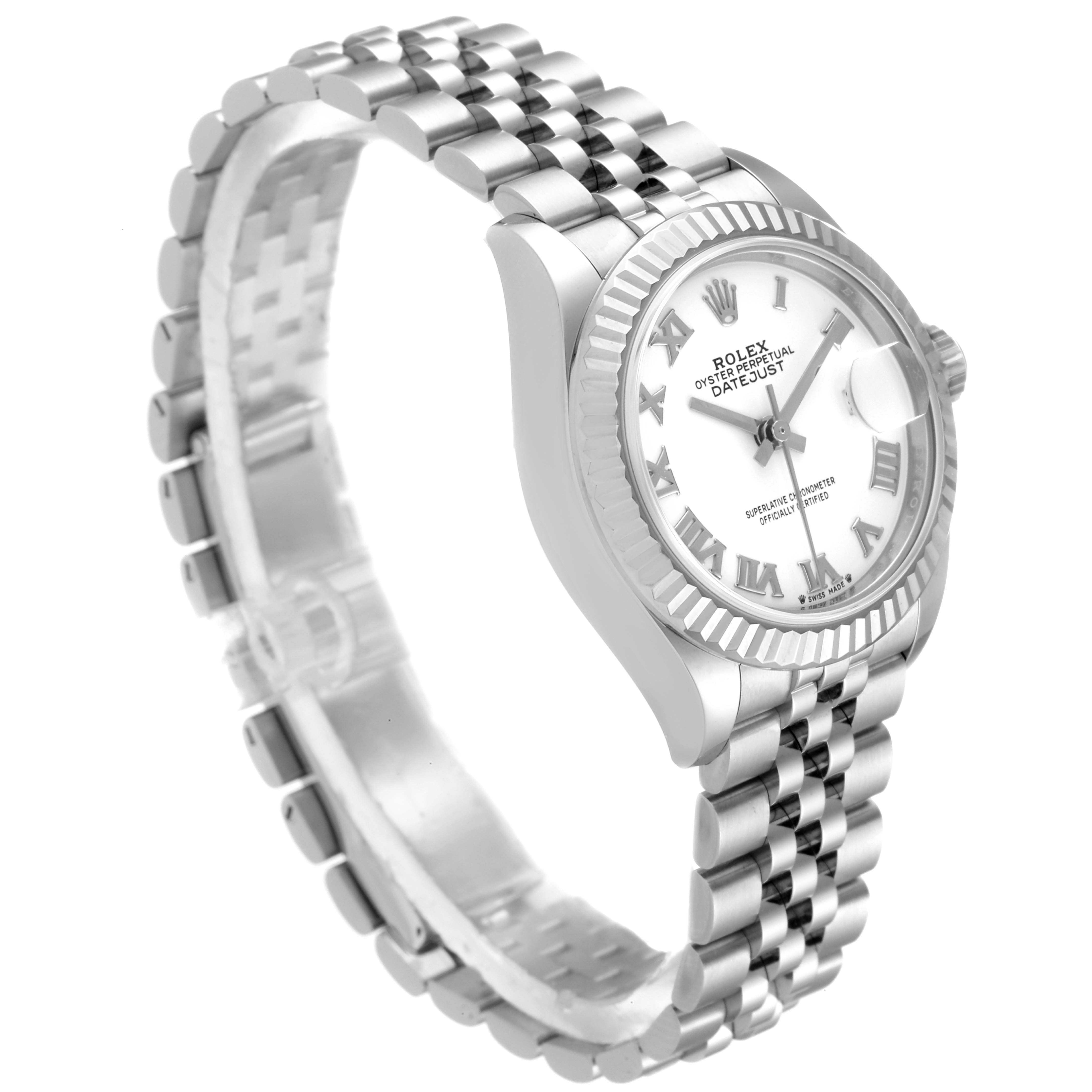 The Rolex Datejust 279174 Women
s Stainless Steel White Dial 279174 Women
s Stainless Steel White Dial watch is shown at a side angle highlighting the face, bezel, and bracelet.