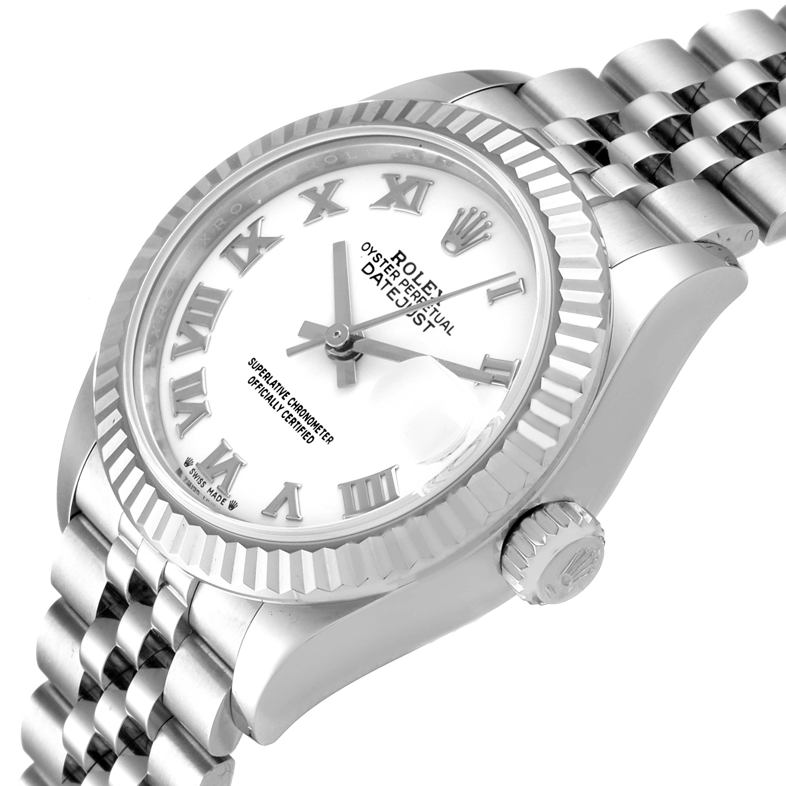 The image shows a Rolex Datejust 279174 Women
s Stainless Steel White Dial 279174 Women
s Stainless Steel White Dial model watch from a slightly angled view, highlighting its dial, fluted bezel, and Jubilee bracelet.