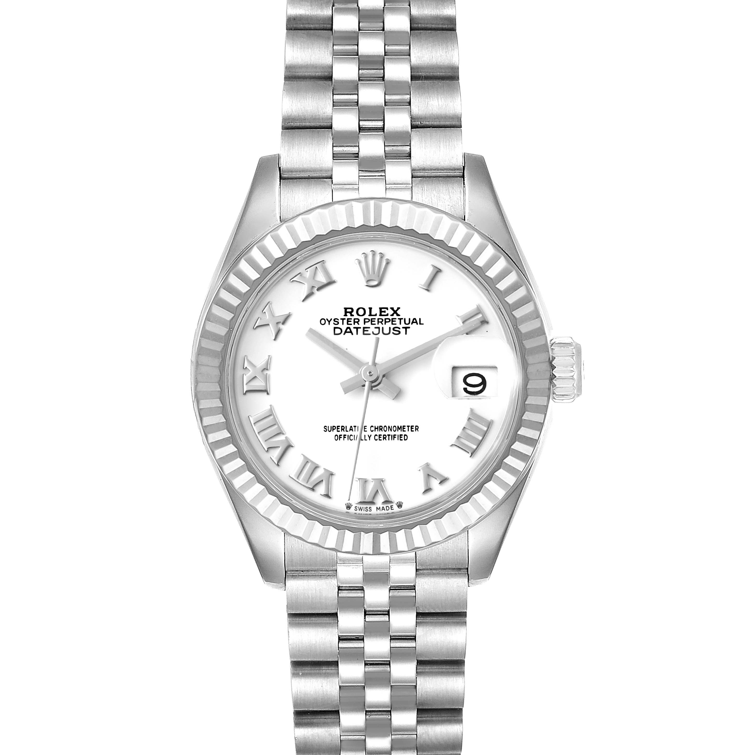 This is a front view of the Rolex Datejust 279174 Women
s Stainless Steel White Dial 279174 Women
s Stainless Steel White Dial watch displaying the face, bezel, crown, and bracelet.