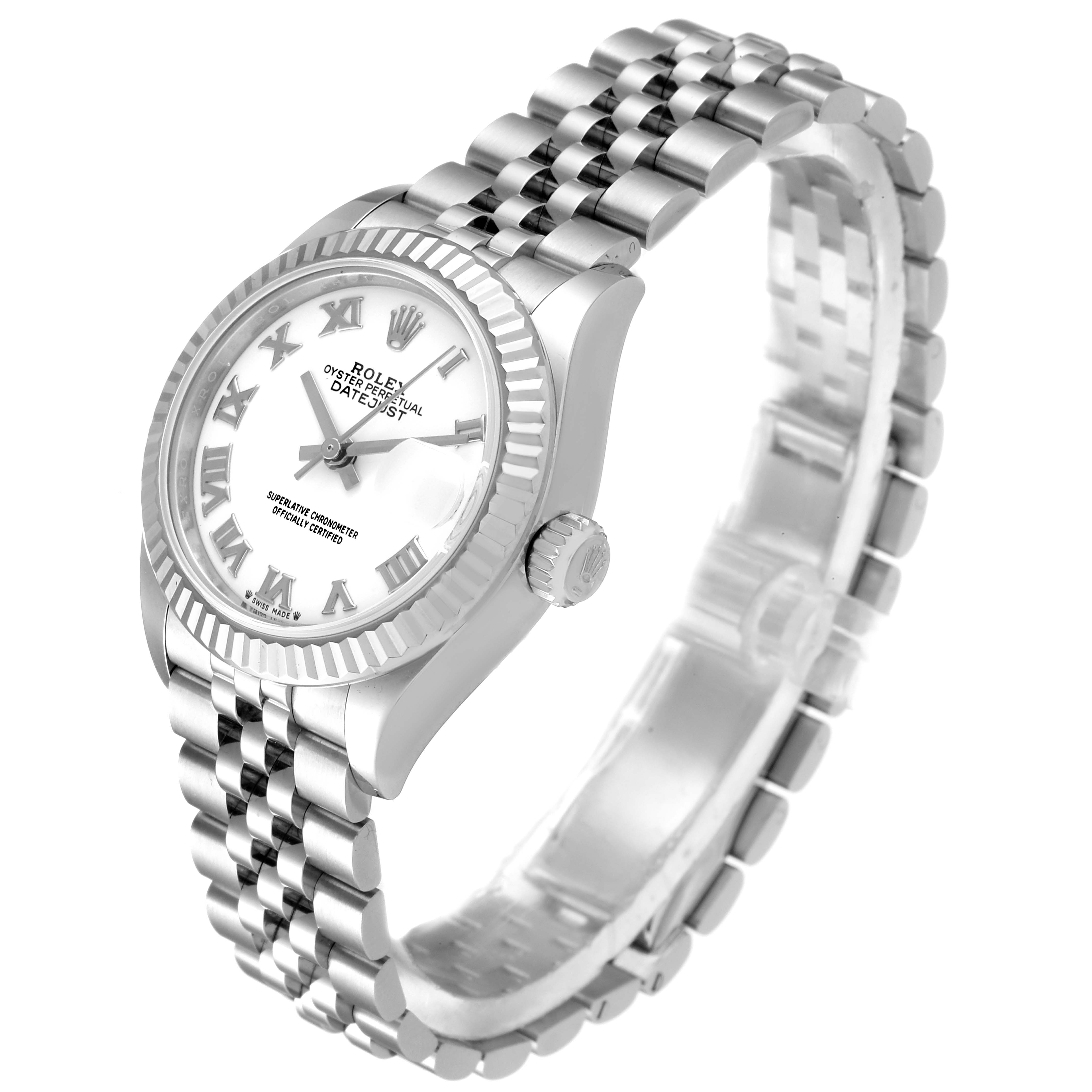 The image shows a Rolex Datejust 279174 Women
s Stainless Steel White Dial 279174 Women
s Stainless Steel White Dial watch at an angled view, displaying the face, case, crown, and bracelet.