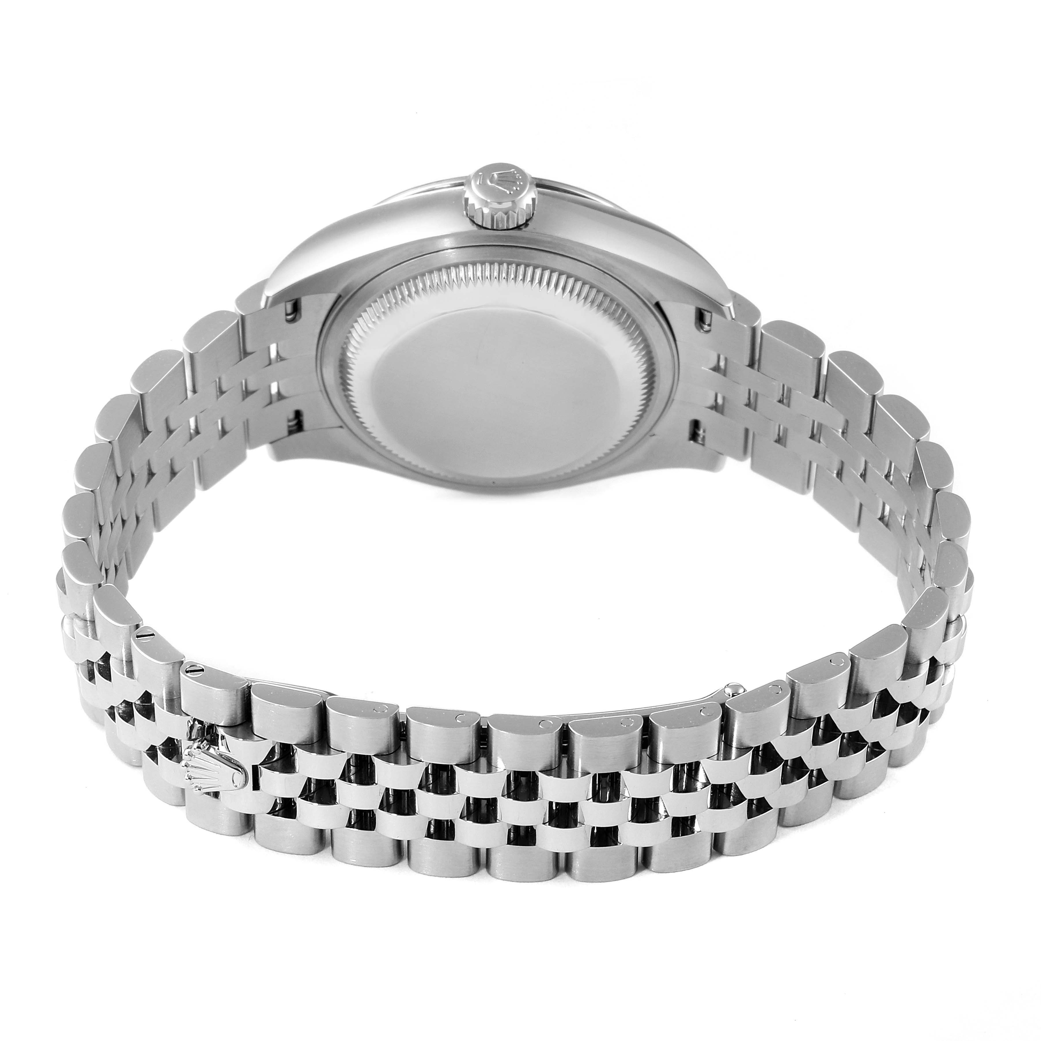 This image shows the back and bracelet of a Rolex Datejust 279174 Women
s Stainless Steel White Dial 279174 Women
s Stainless Steel White Dial watch, focusing on the closed case back and jubilee bracelet.