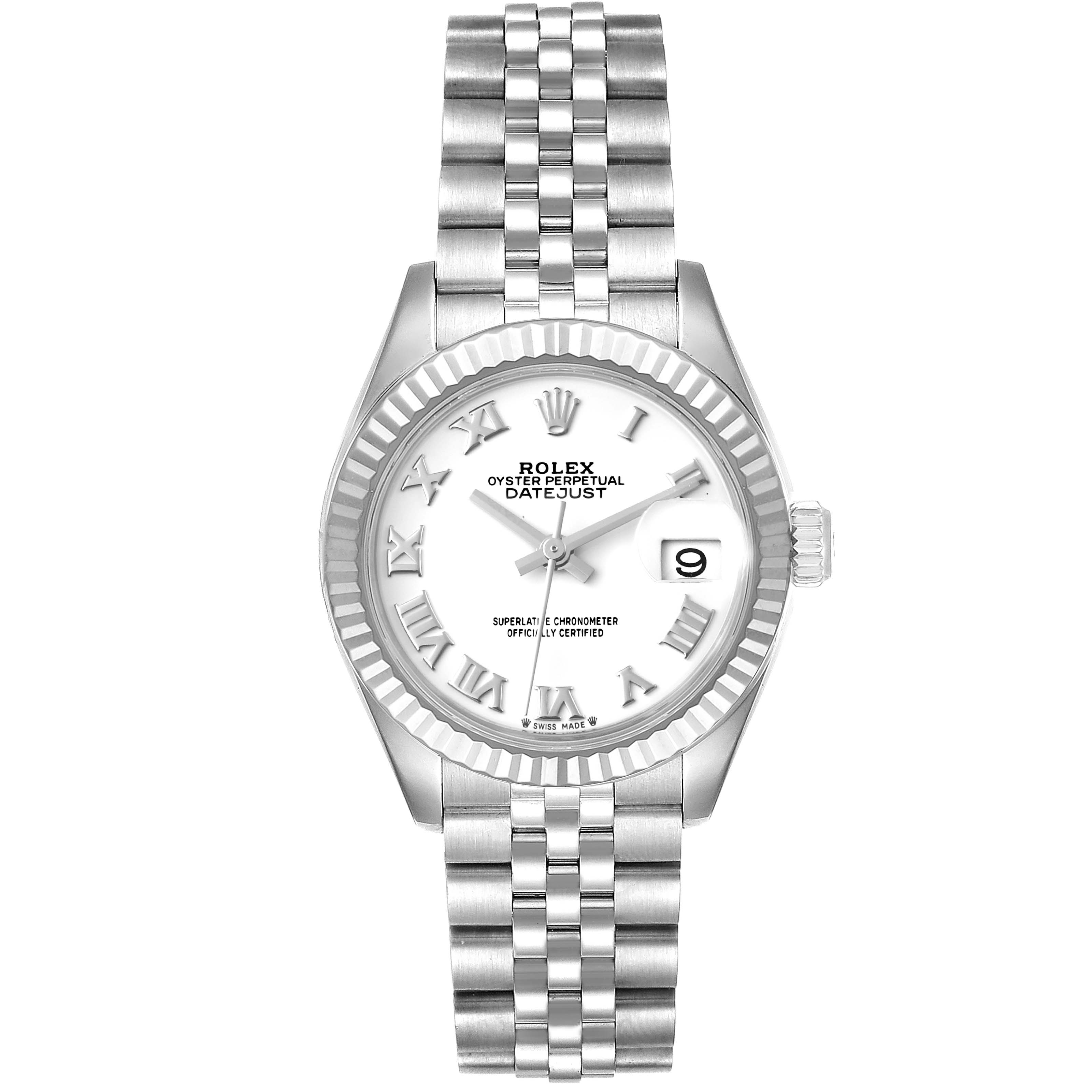 This image shows a Rolex Datejust 279174 Women
s Stainless Steel White Dial 279174 Women
s Stainless Steel White Dial watch, displaying its full face, bracelet, and the date window at the 3 o
clock position.