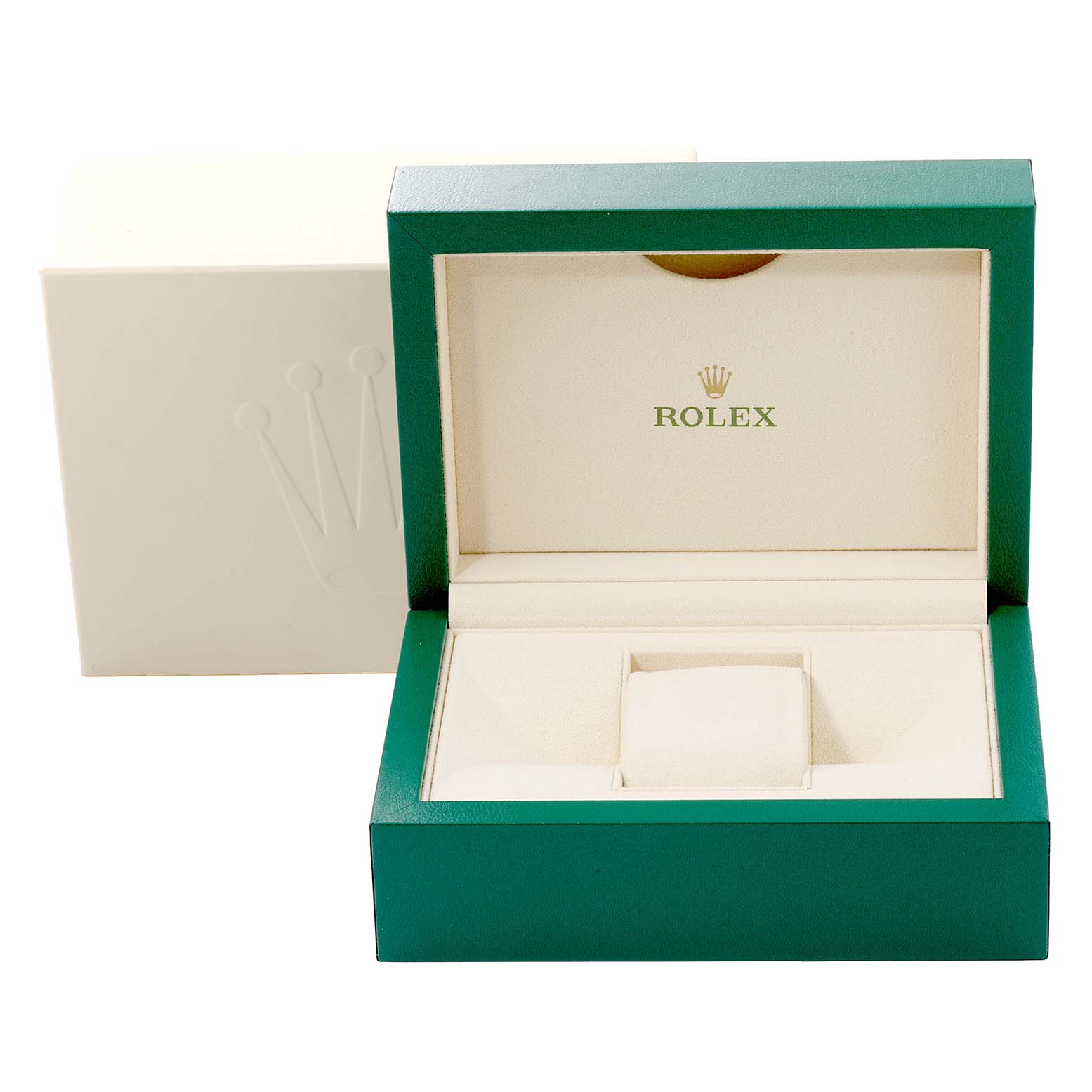 This image shows an open green and beige Rolex Datejust 279383 Women's Steel and Gold (two tone) Silver Dial 279383 Women's Steel and Gold (two tone) Silver Dial watch box, with an outer white box featuring the Rolex logo.